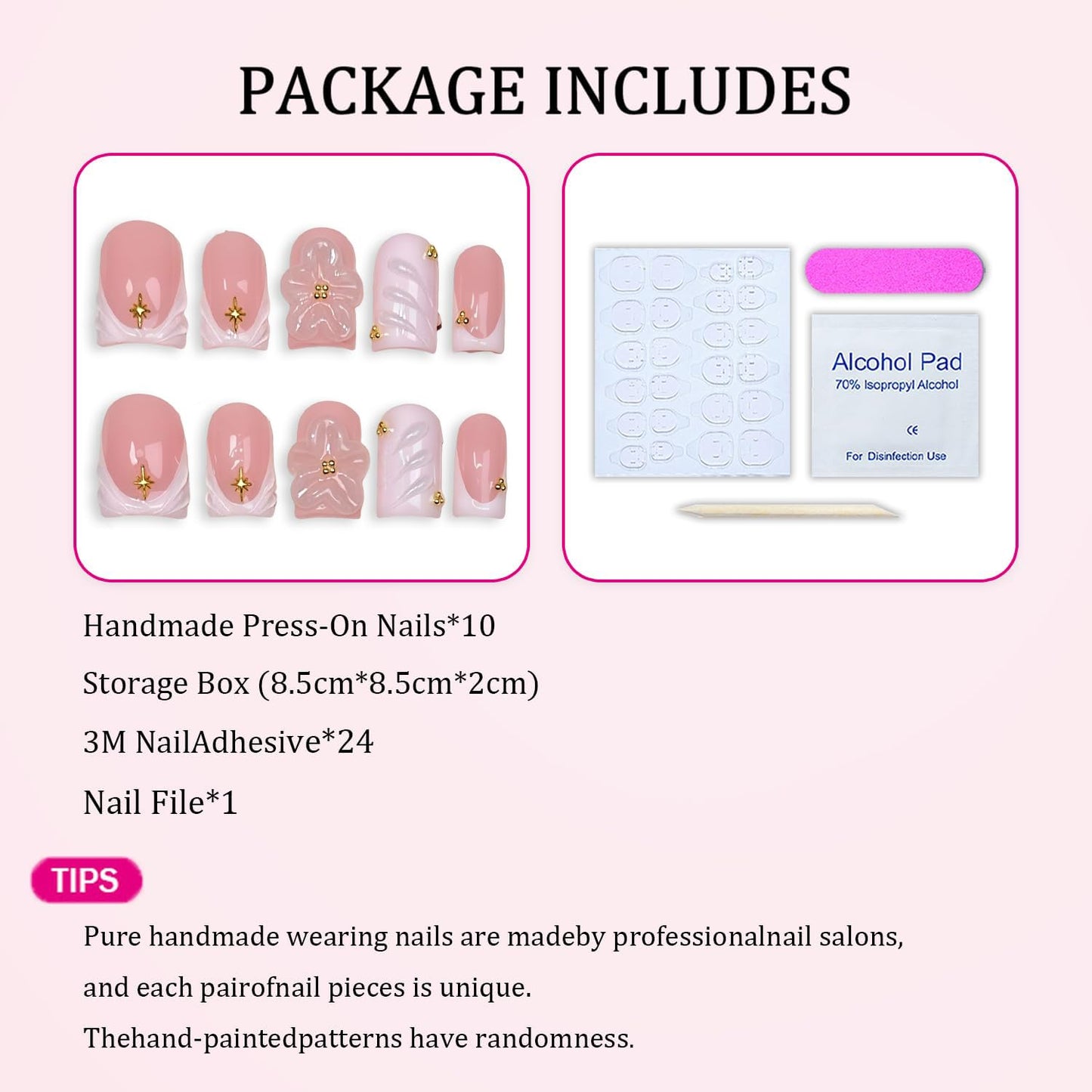 Pink Flower Press on Nails Handmade Press on Nails Short Duck Muti-Layer Gel Acrylic Nails with Design Thick White French Tip False Nail Full Cover Acrylic Stick on Nail for Women (M)