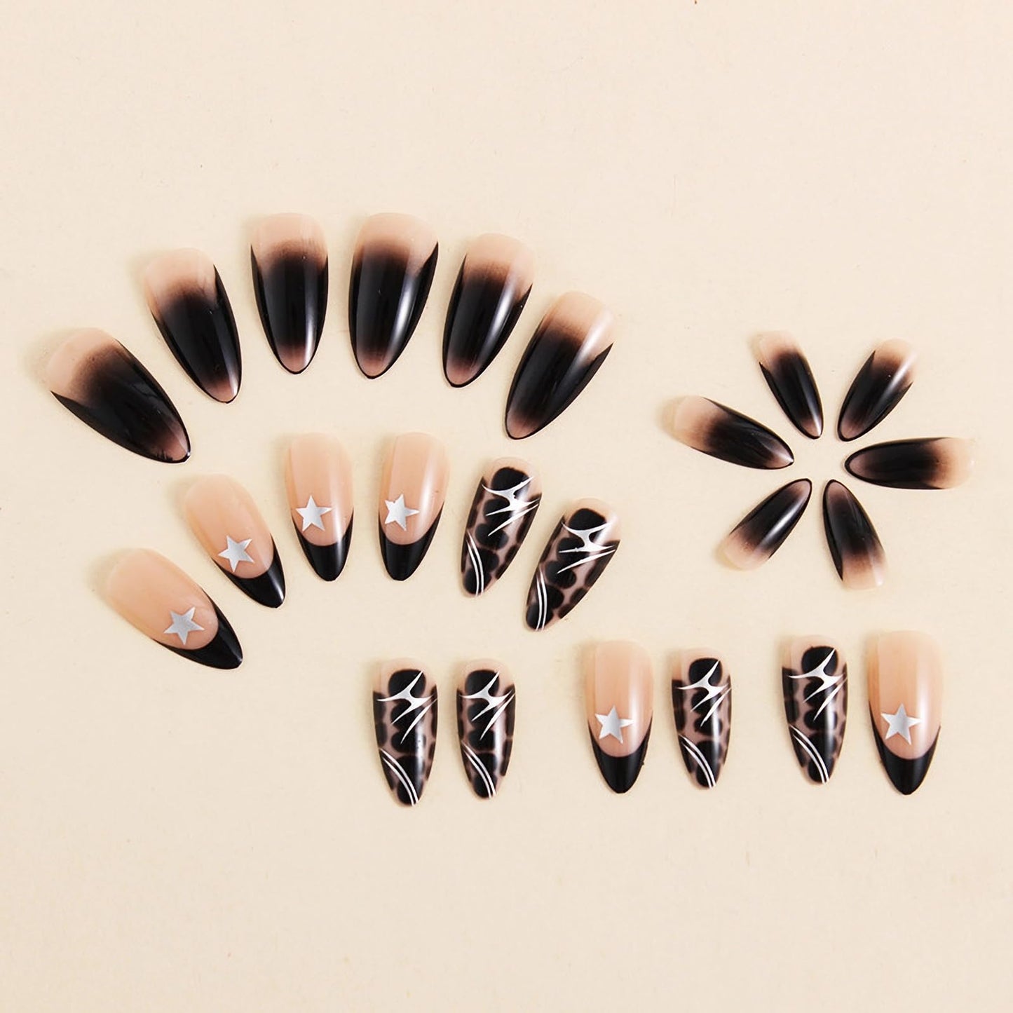 MISUD Press on Nails - Medium Almond Glue on Nails with Goth Black, Acrylic Silver Chrome Design 24 pcs