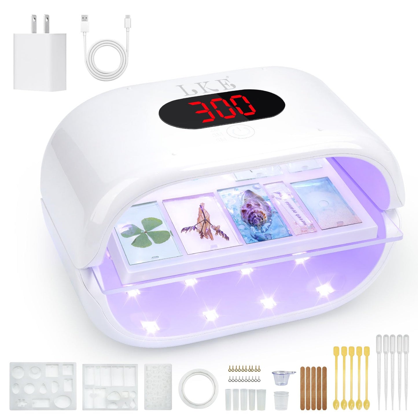UV Light for Resin, 36W 24 LED Double-Sided UV Curing Lamp with Power Adapter, Fast Curing with 3 Timers, Jewelry Making Kit –9 Silicone Molds, 48 Metal Clasps, 5 Pipettes & Tools Set for DIY Crafts