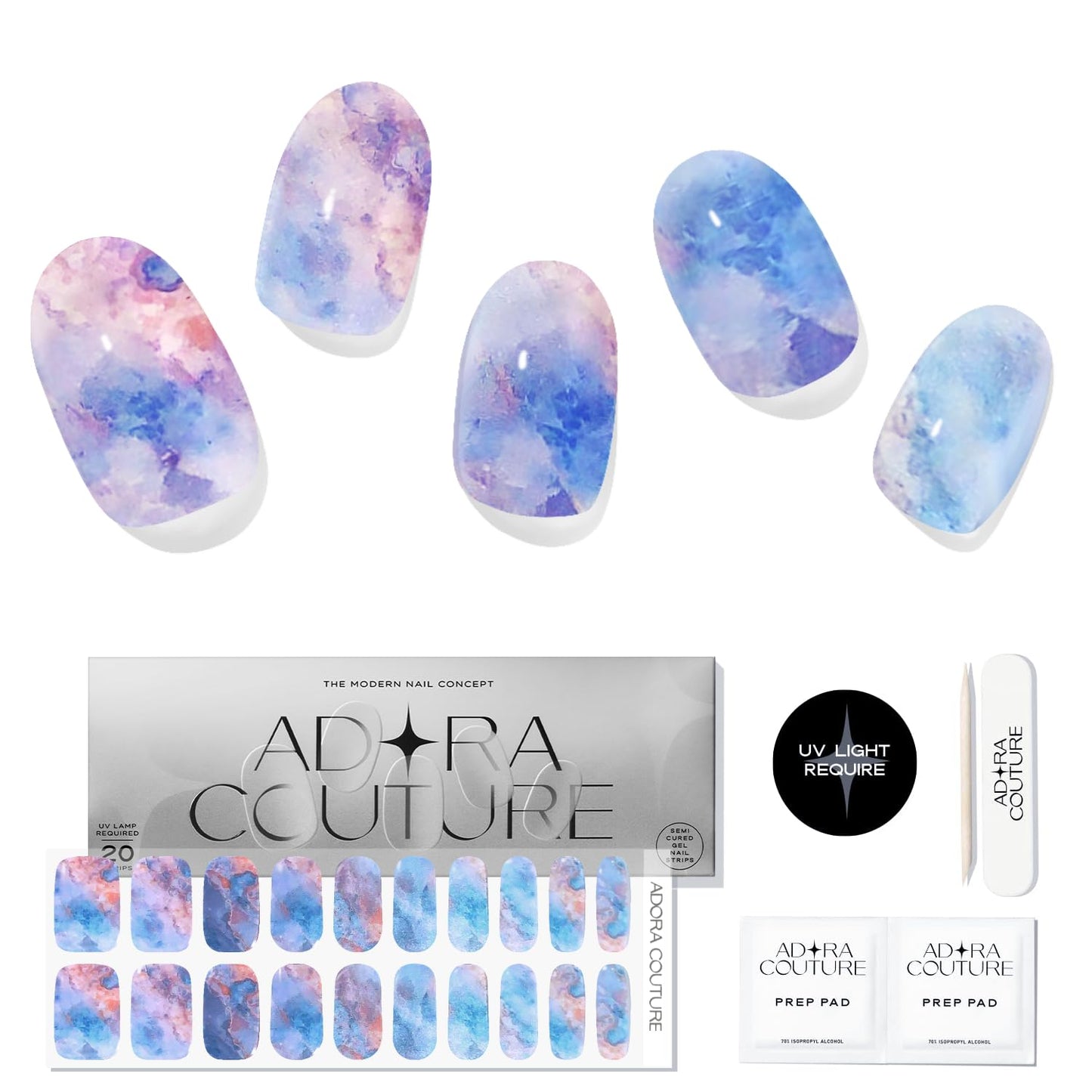 Adora Couture Semi Cured Gel Nail Strips with 20 Pieces - UV Gel Stickers, Manicure Kit, Easy Application Wraps Includes Prep Pads, Nail File, Wooden Stick - UV Light Required (Aqua Marble)