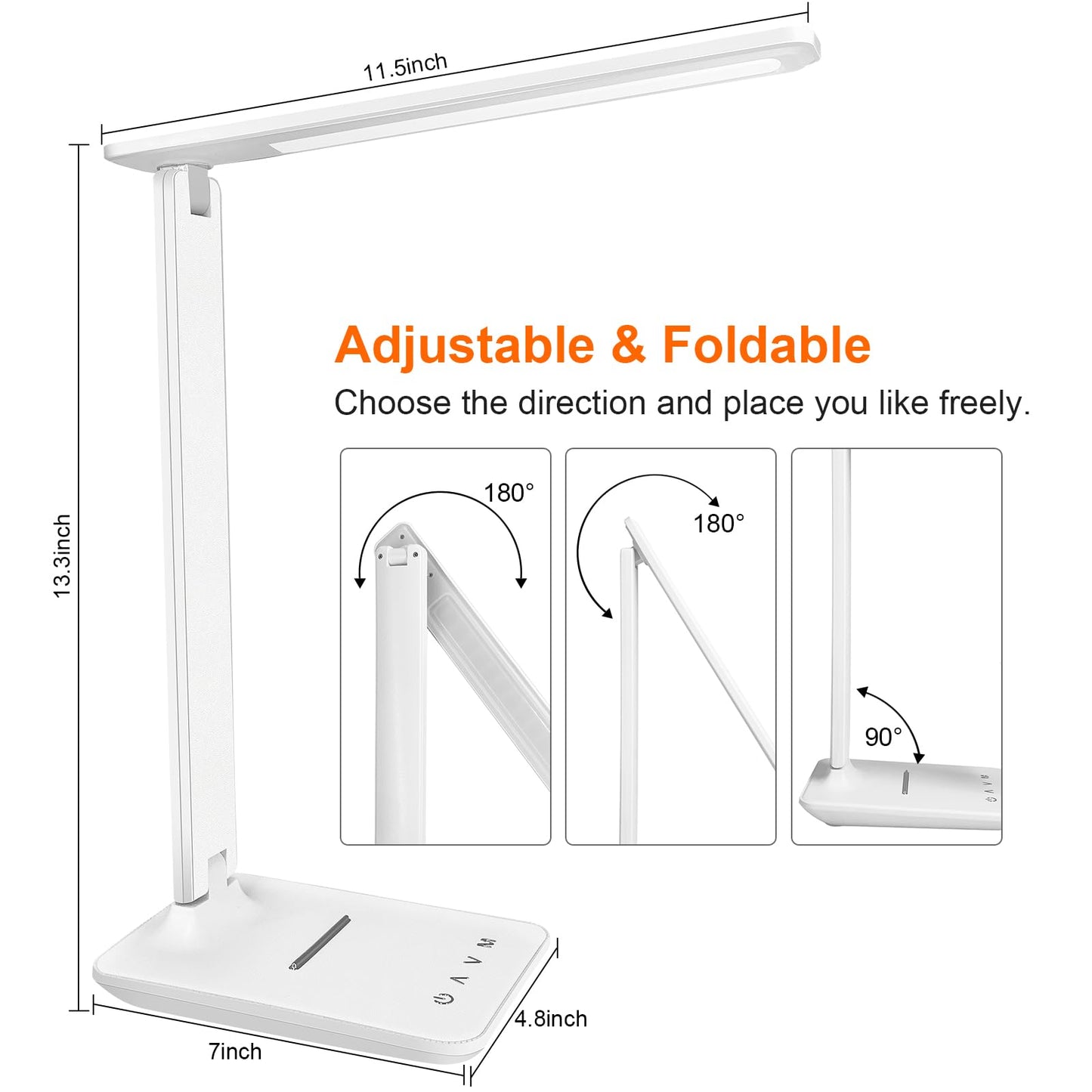 karidi LED Desk Lamp Dimmable Table Lamp with USB Charging Port, 5 Lighting Modes, Sensitive Control, Foldable Portable Desk Light for Home Office Bedroom Reading (White, Standard Size - 13.3 inch)