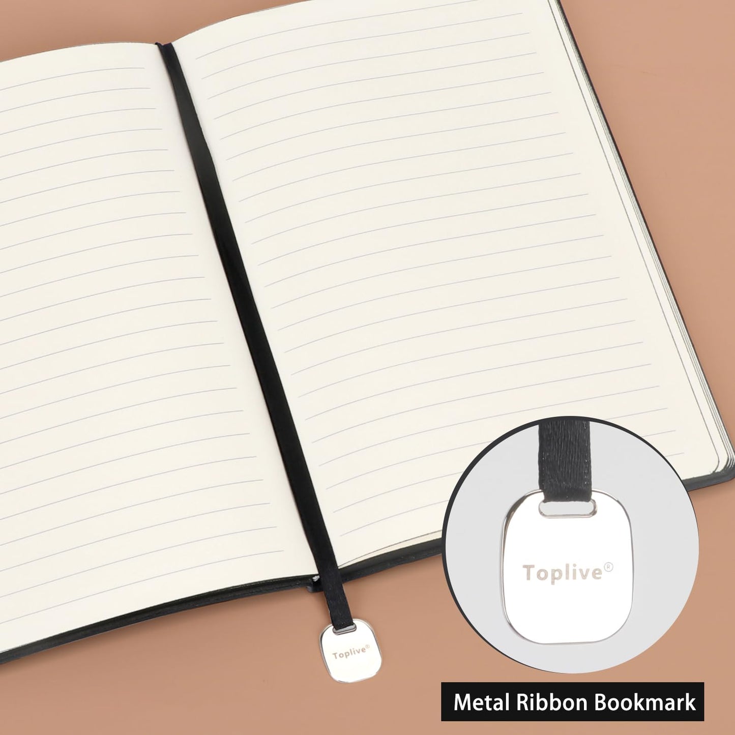 Toplive A5 Journal Notebook Soft Flexible Leather Cover, Premium Thick Lined and Blank Paper Double Layout 8.26" x 5.7" with Metal Bookmark, Black