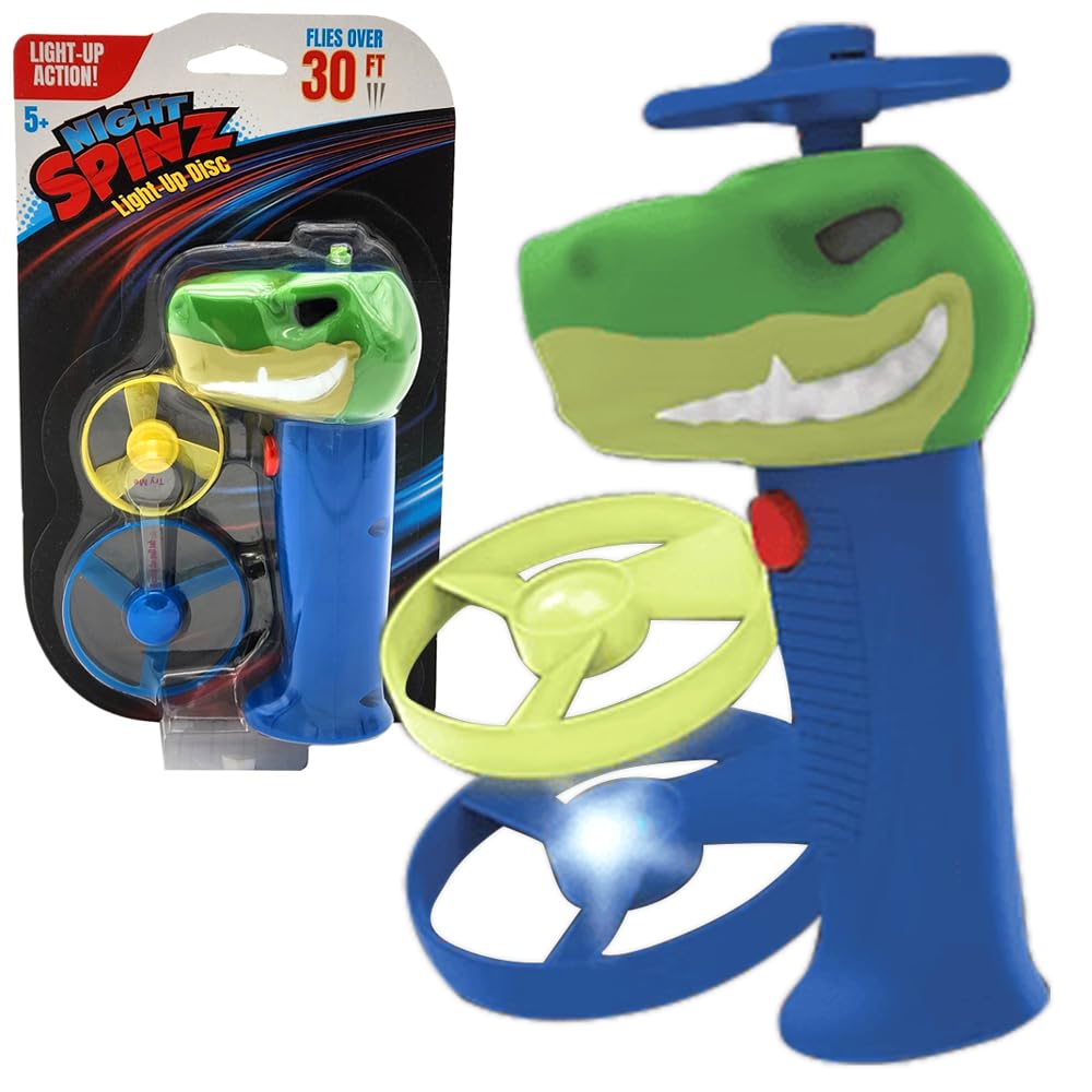 Spinz Night T-Rex Flying Disc Launcher, Light Up Propeller Outdoor Toy with Dinosaur Head and 2 Spinning Discs, Flies Over 30 Ft, 5+ Years