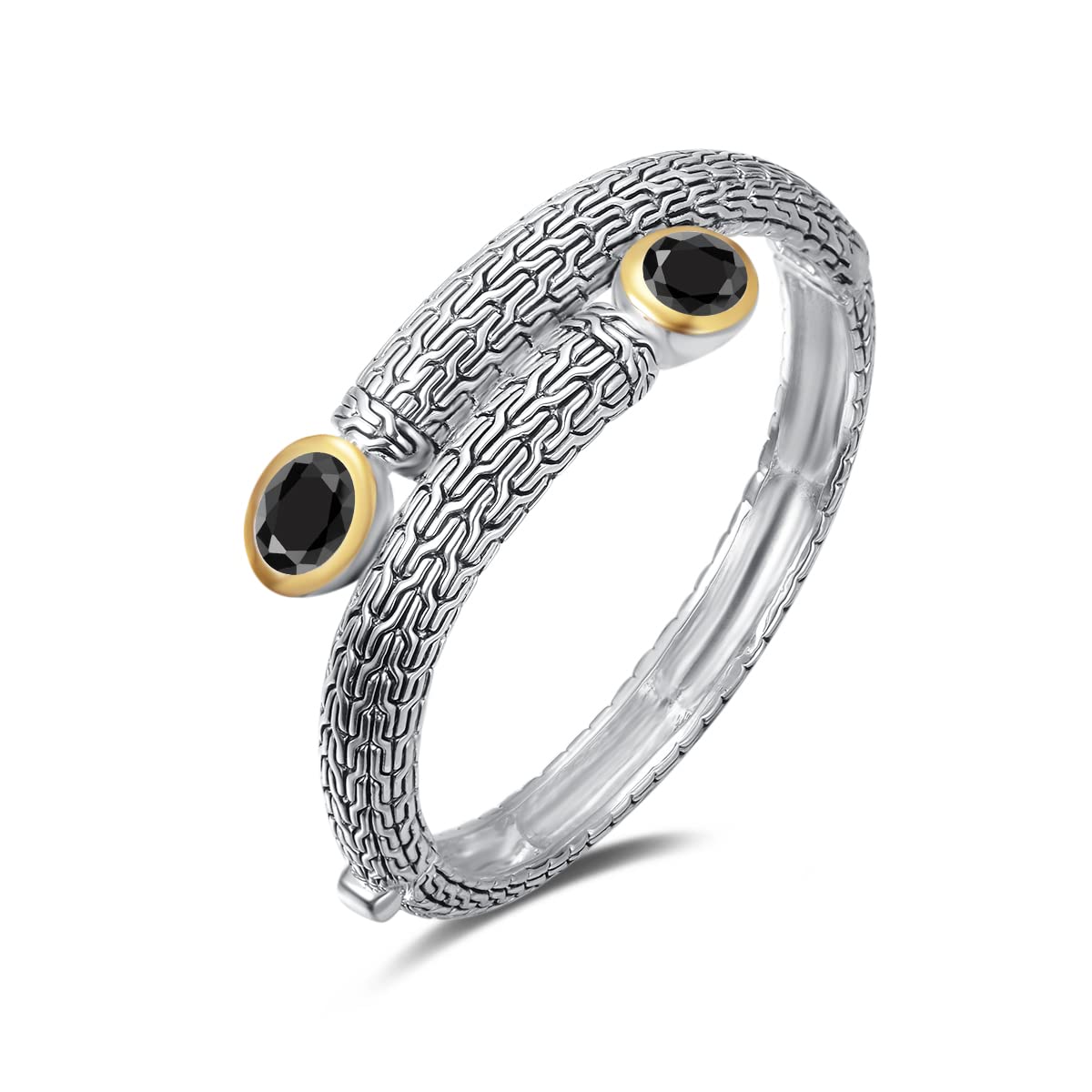 UNY JEWEL Jewelry Multi Strand Foxtail Chain Woven Pattern Inlay 8 by 10 Oval CZ Vintage Antique Two Tone Elegant Designer Inspired Unique Box Tongue Clasp Bangle (Black)