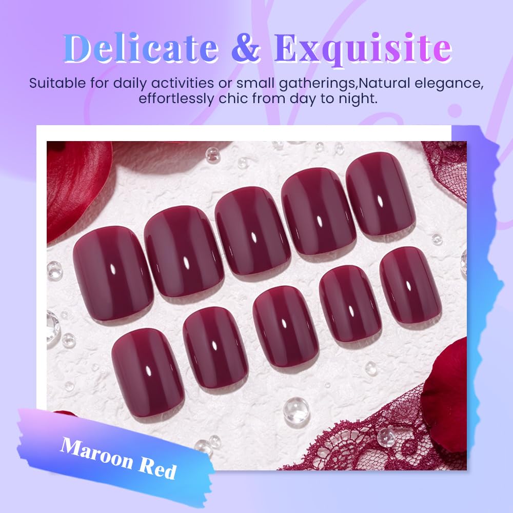 evpct Maroon Red Glossy Squoval Short Press on Nails for Women, Red Extra Short Squoval No Glue Stick on Nails with Kit, Reusable Full Cover Soft Press on Acrylic Fake Nail Salon-quality Perfectly Fit