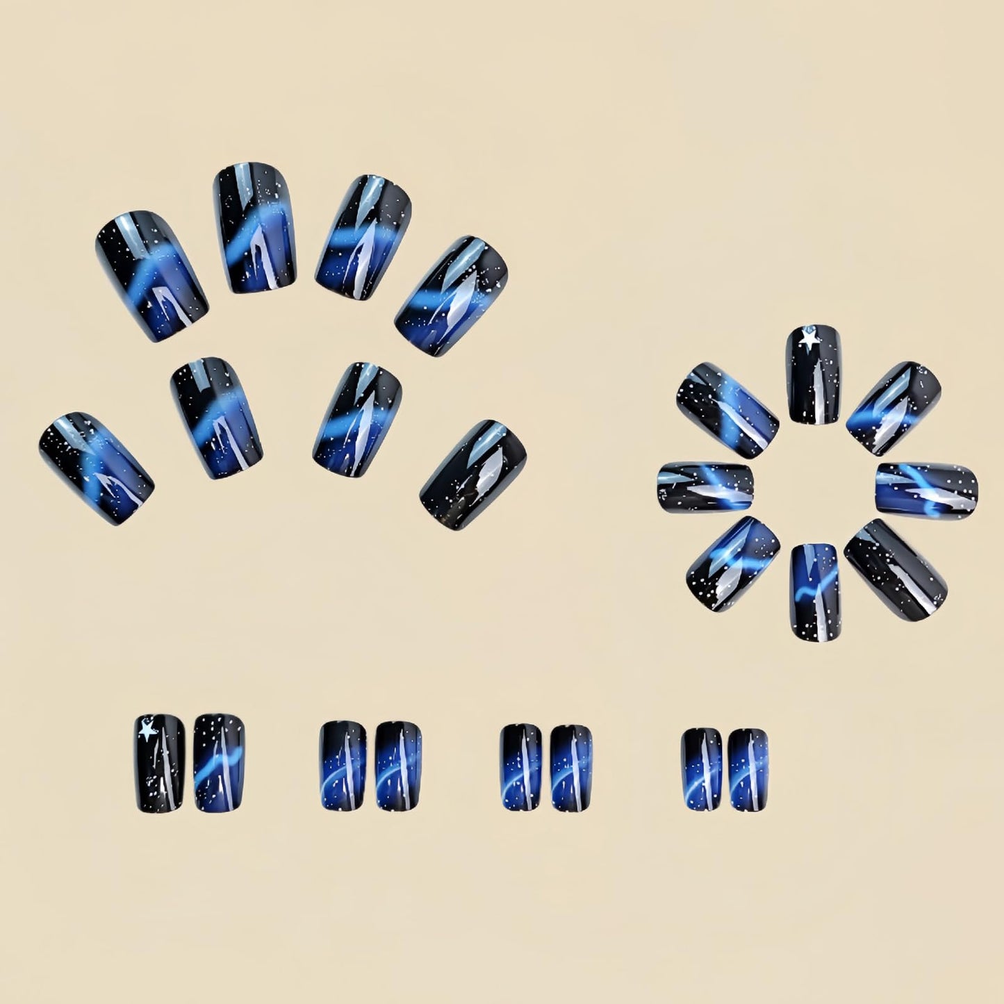 Star Press on Nails Short Square Fake Nails Black Acrylic Nails Glitter Artificial Nails Blue Line Stripes Glue on Nails Glossy Stick Nail for Women Manicure 24Pcs