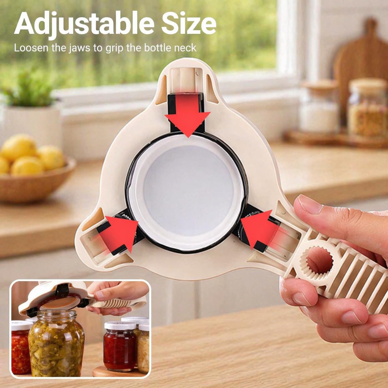 4-in-1 Multi-Purpose Jar Opener – Upgraded Adjustable Three-Claw Bottle Opener with Non-Slip Teeth, Multi-Size Lid Tool for Jars, Cans, Wine Bottles – Essential Kitchen Helper(black)