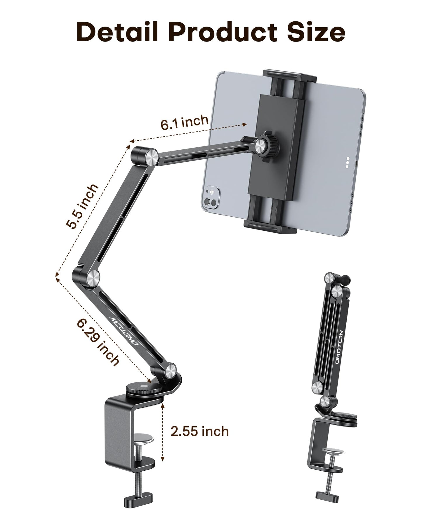 OMOTON Adjustable Tablet Stand for iPad, Desk Phone Holder for Bed with 2 Clamps, Flexible Aluminum Alloy Mount with 360° Rotation for 4-13" Devices (Black)