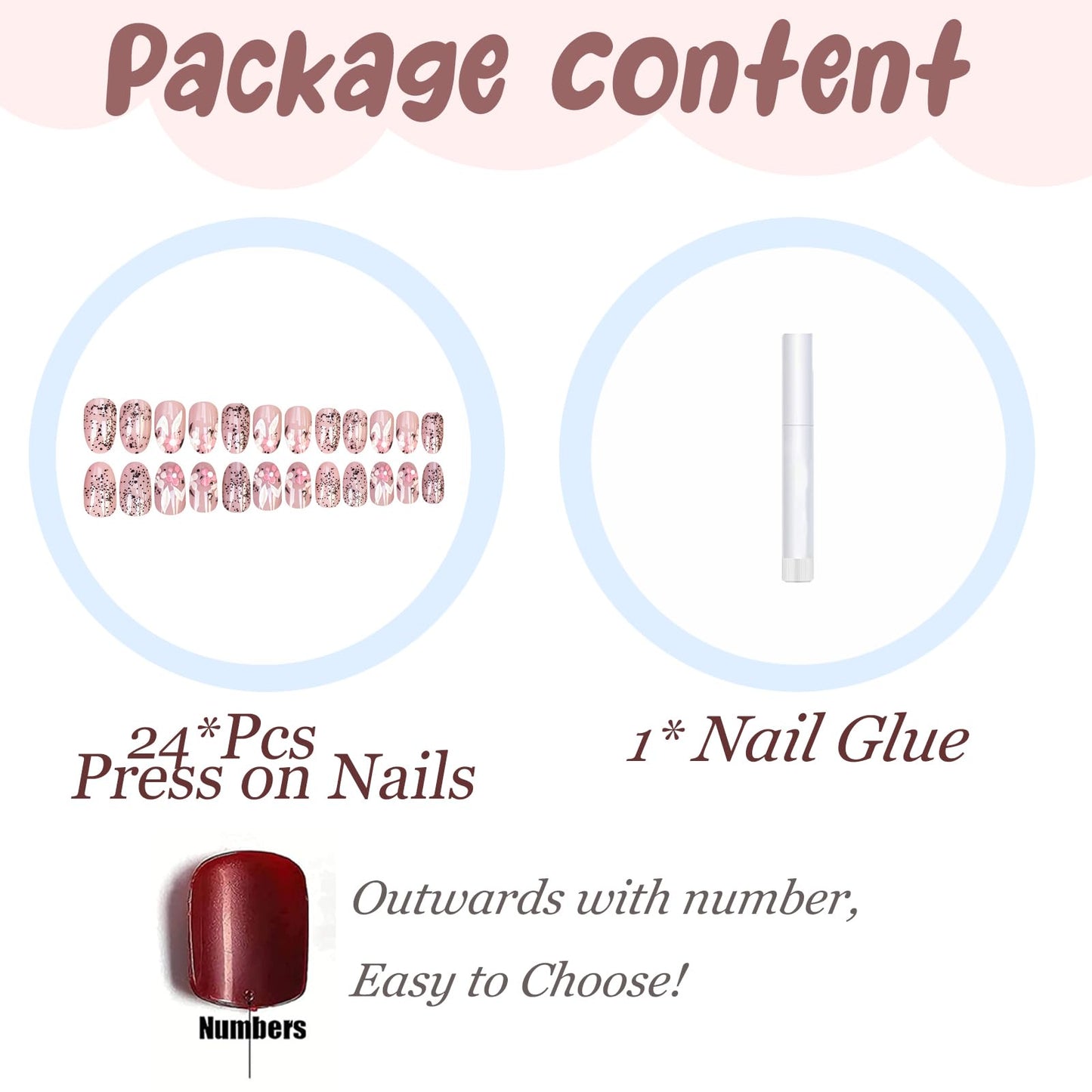 BABALAL Pink Press On Nails, Short Round Fake Nails, With Floral & Rabbit Anime Design, Easter Cute Glossy Full Cover Glue On Nails For Women And Girls 24Pcs