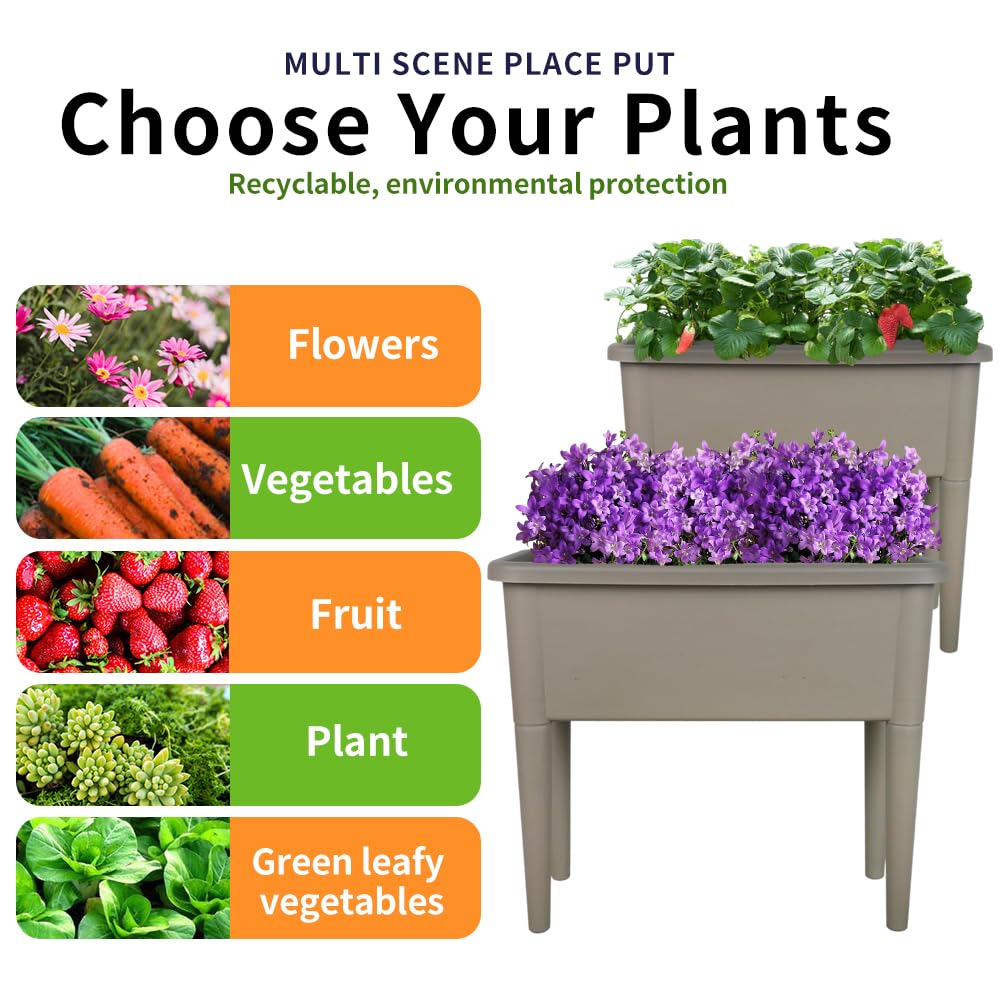 Megawodar 4 Pcs Self Watering Elevated Raised Garden Bed, Large Outdoor Plastic Planter Box Big Flower Plant Pot for Planting Flowers Vegetables and Herbs (4, Khaki)