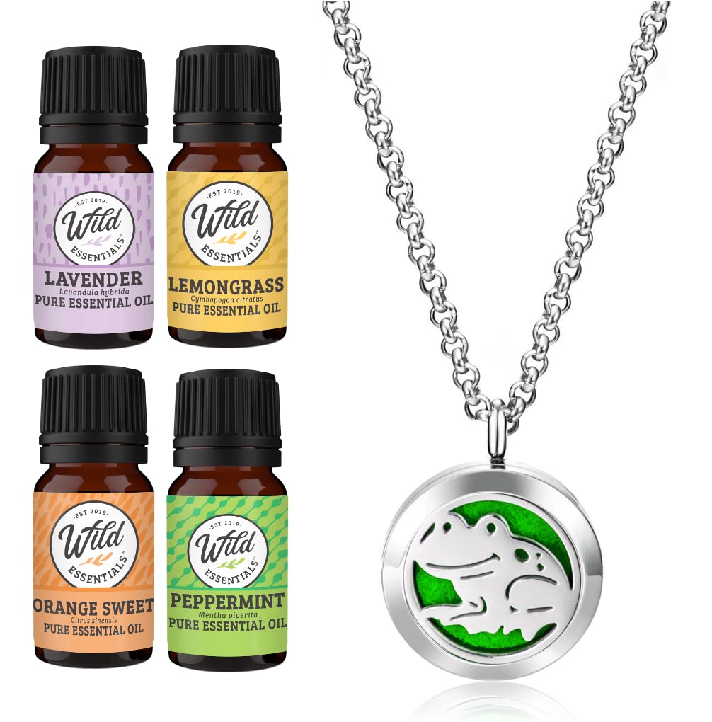Wild Essentials Happy Frog Necklace Essential Oil Diffuser Kit with Lavender, Lemongrass, Peppermint, Orange Oils, 12 Refill Pads, Calming Aromatherapy Gift Set, Customizable Color Changing, Perfume