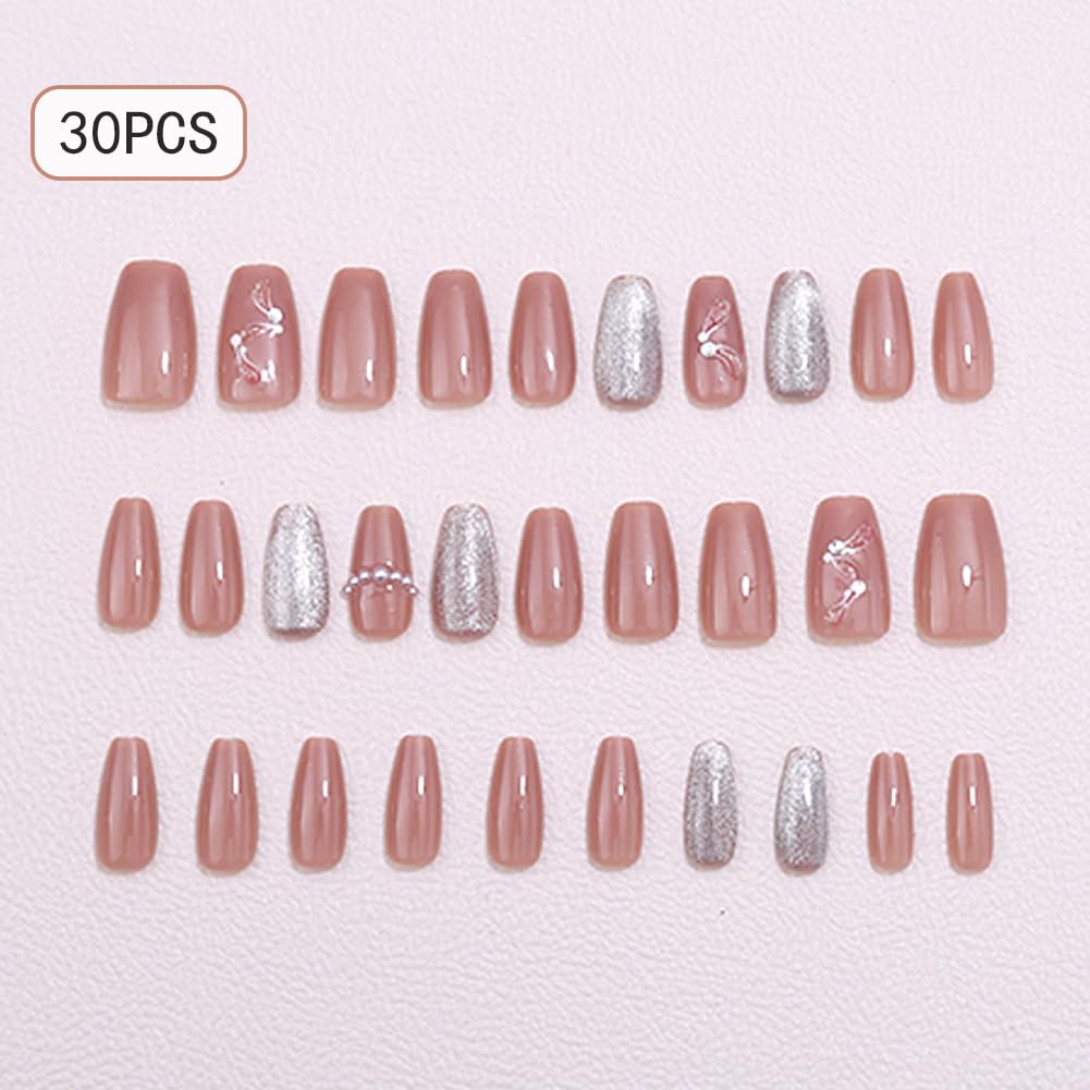 WAFOLOZE Press On Nails Medium Coffin Fake Nails With Glue, Ice Crystal Stone Cat's Eye Nail Press Ons With Small Pearl Painted Design，Artificial False Nails Stick On Nails for Women-30Pcs