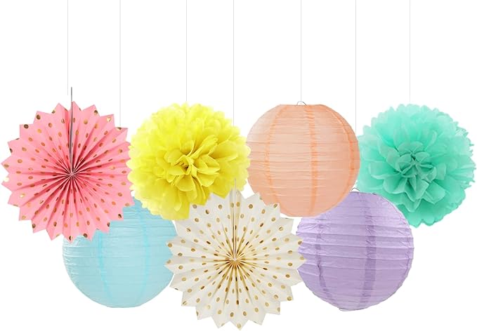 Pastel Rainbow Party Decorations Streamers - 14pcs Boy Girl Kids Birthday Supplies,Pink Yellow Blue Paper Lanterns Fan,Tissue Pom Poms,Honeycomb Balls, Baby Shower Wedding Decor Lasting Surprise