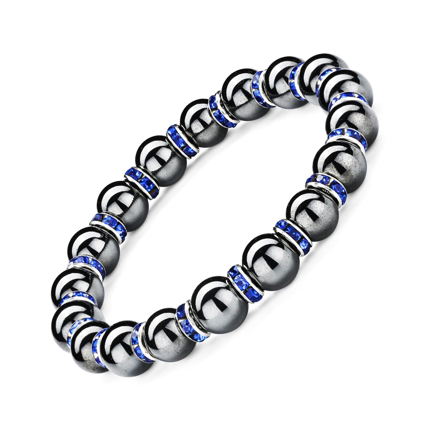 Apocalyptic-K Women's Magnetic Bracelet，Hematite Bracelets，Magnetic Bracelets With Zirconia,Handmade Stretch Bracelet，Eliminates static electricity. (Blue Zirconia，8MM)