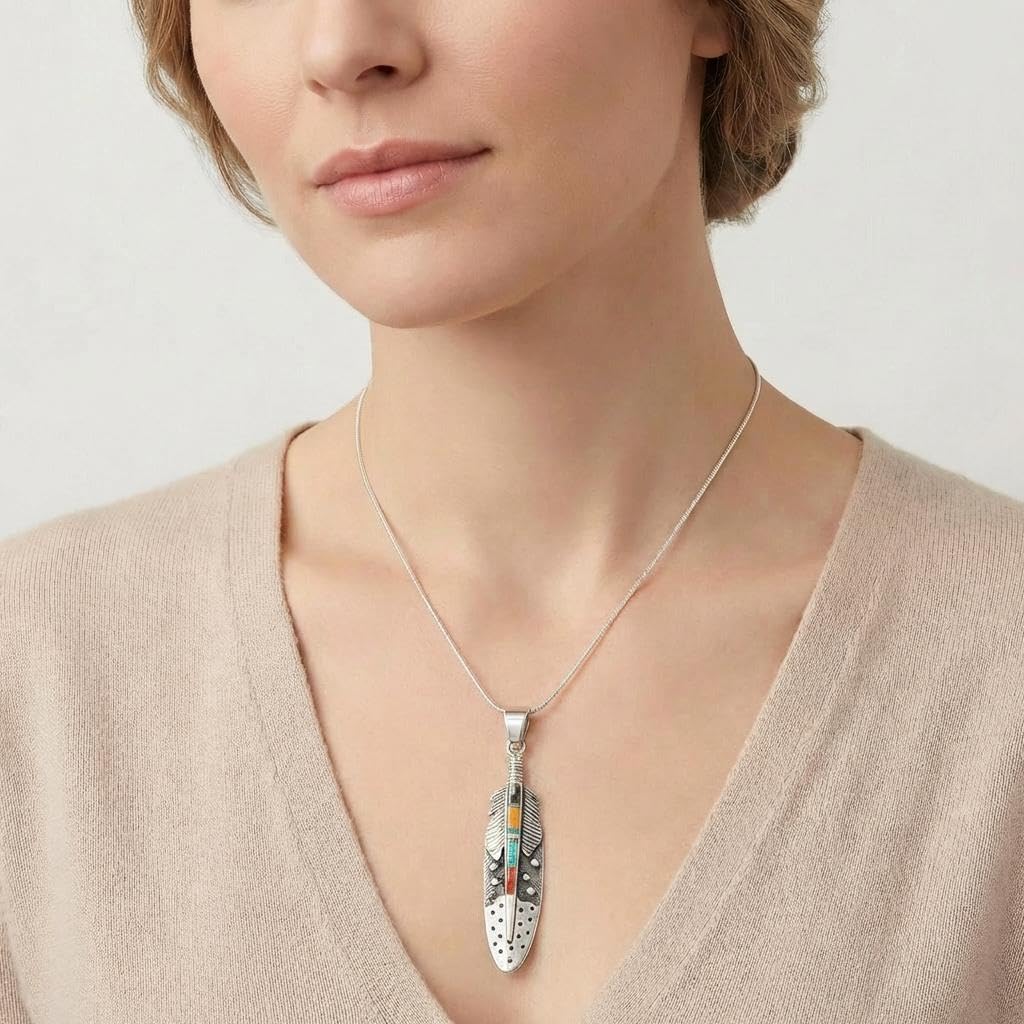 925 Sterling Silver Gemstone & Turquoise Feather Necklace (Pendant & 24" Chain) (Multi-00)