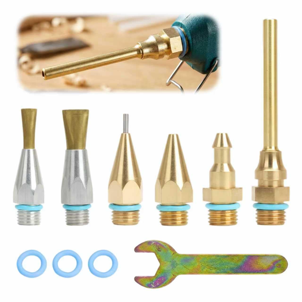Premium 6-Piece Copper Hot Glue Gun Nozzle Set with Wrench and O-Rings - Includes 2 Flat Nozzles, Interchangeable Heat Gun Attachments for Precision Crafting and DIY Repairs