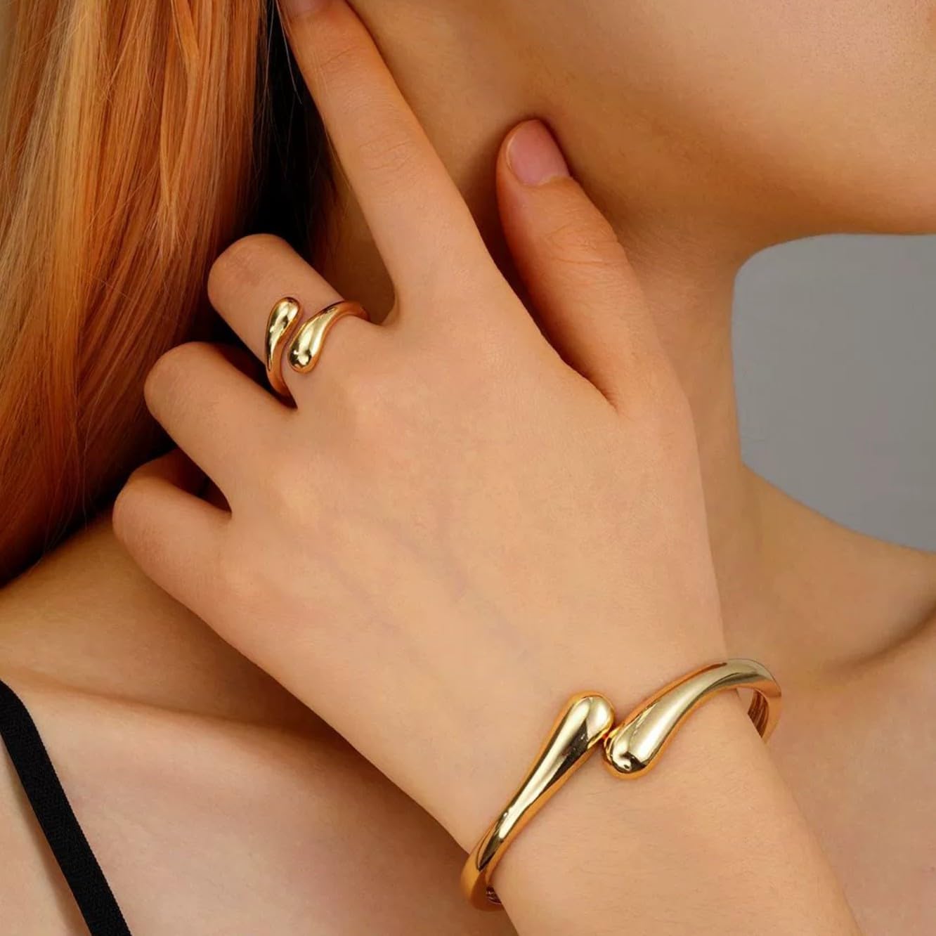 Hcrohihit Chunky Thick Cuff Bangle Bracelet for Women,Minimalist Adjustable Open Cuff Bracelet and Ring Collar Set,Polished Statement Cuff Bangle,Fashion Jewelry (B Gold)
