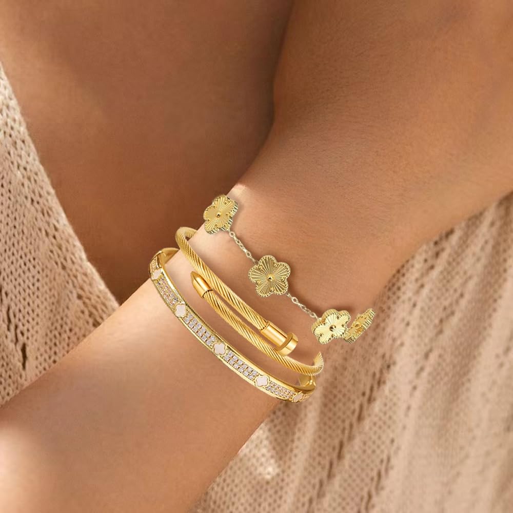 Nail Bracelets set for Women 3Pcs Stackable Love Bangle 18K Gold Plated Clovers Bracelet Floral Bracelet Set Trendy Gifts for Women