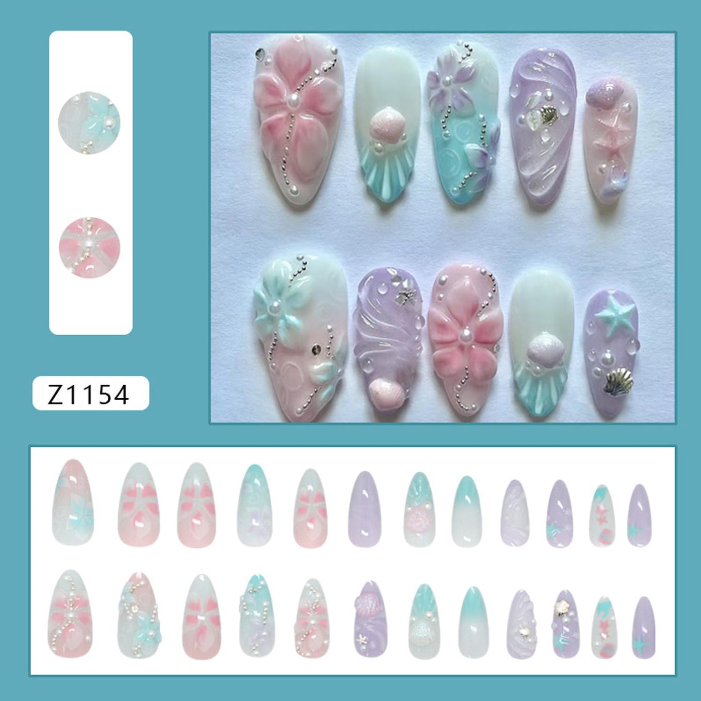 24Pcs Colorful Flower Press on Nails Medium Almond Fake Nails with Flower Pearl Starfish Design French Tip False Nails Shell Summer Glue on Nails Cute Artificial Stick on Nail for Women Manicure