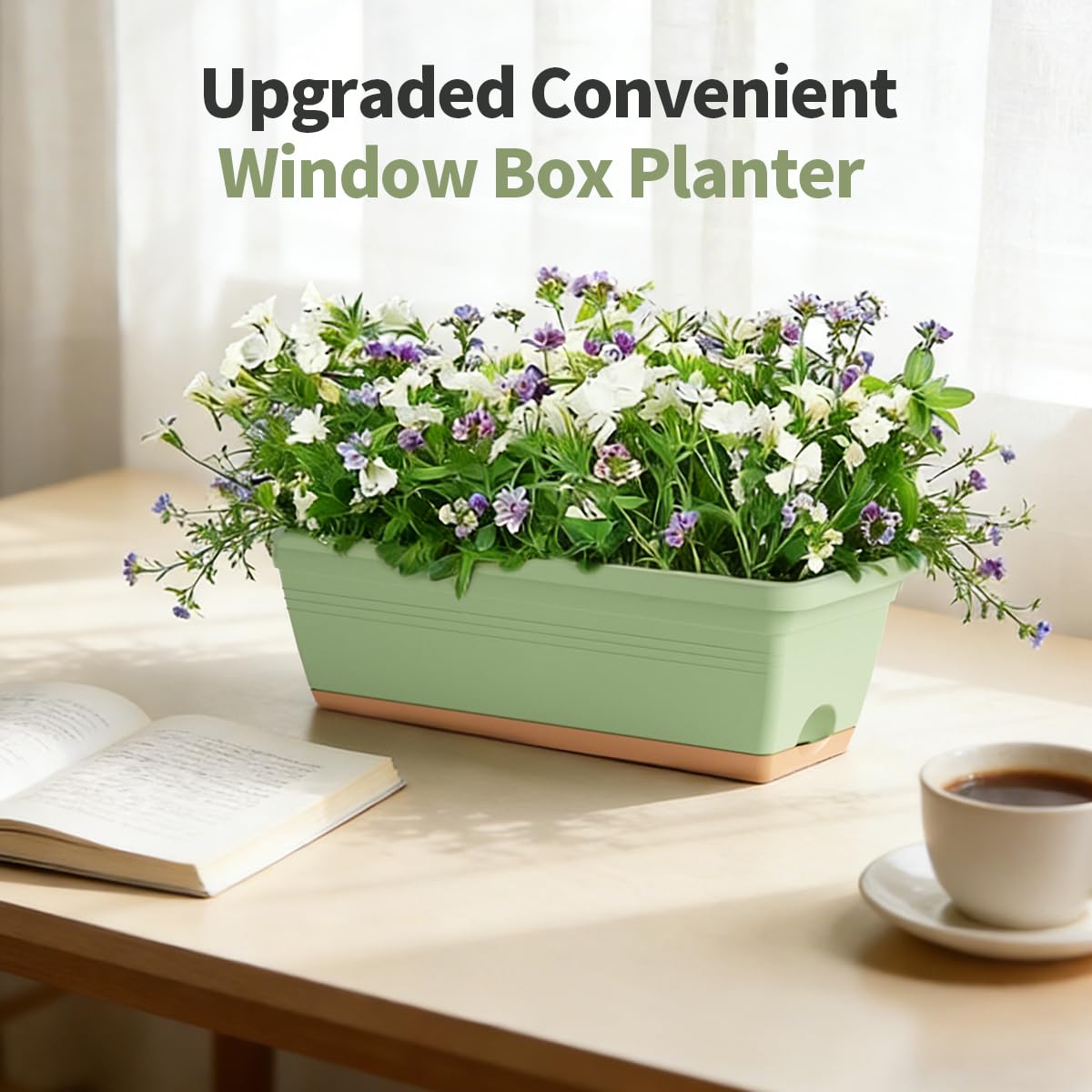 LESOASIS Window Box Planter, 6 Pack Plastic Vegetable Flower Window Planters Boxes 16 Inches Rectangular Flower Pots with Drainage Holes and Saucers (Green)