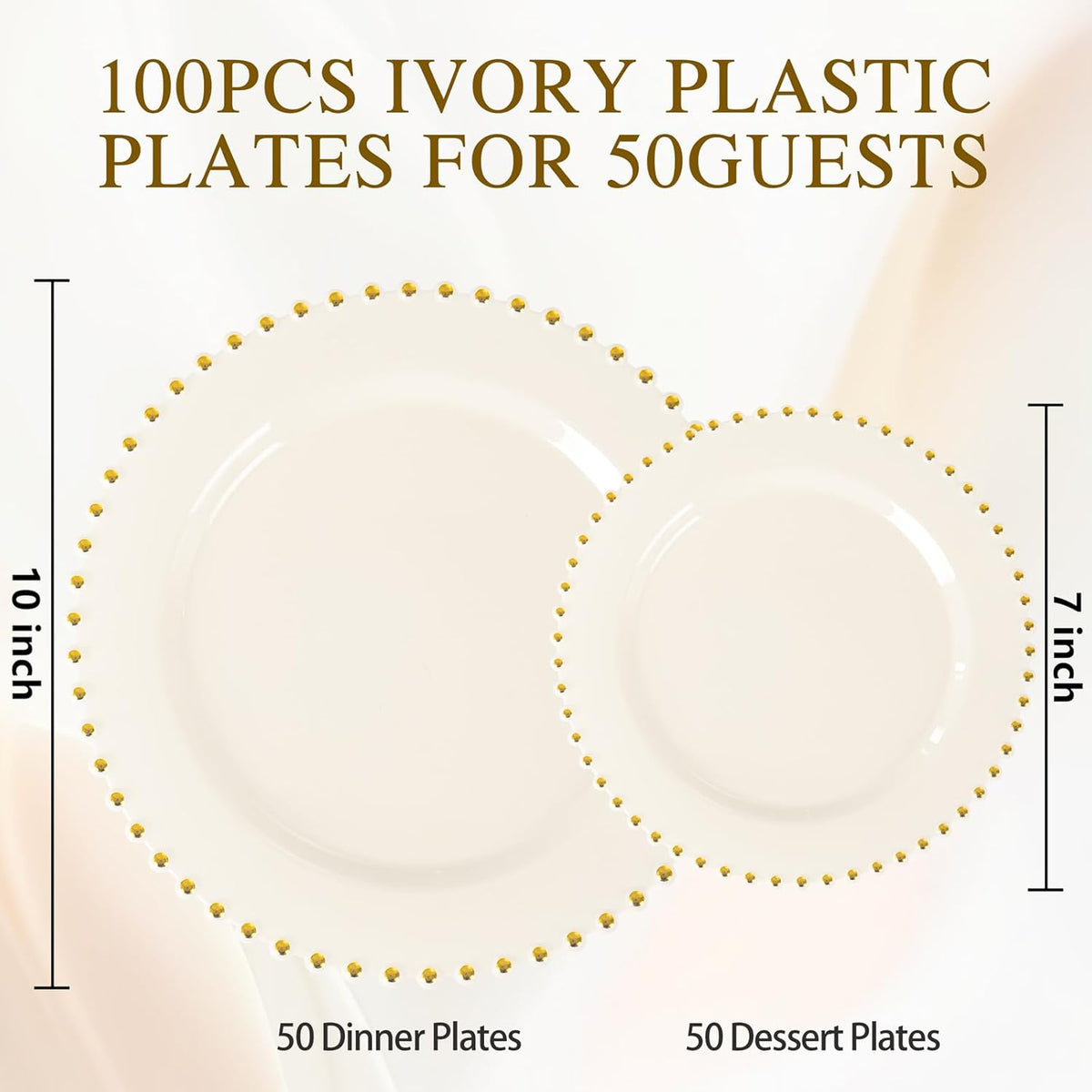 supernal 100pcs Ivory Plastic Plates with Gold Beads - Heavy Duty Elegant Disposable Plates Set Include 50 Cream Plastic Dinner Plate and 50 Dessert Plate Perfect for Wedding, Birthday & Party