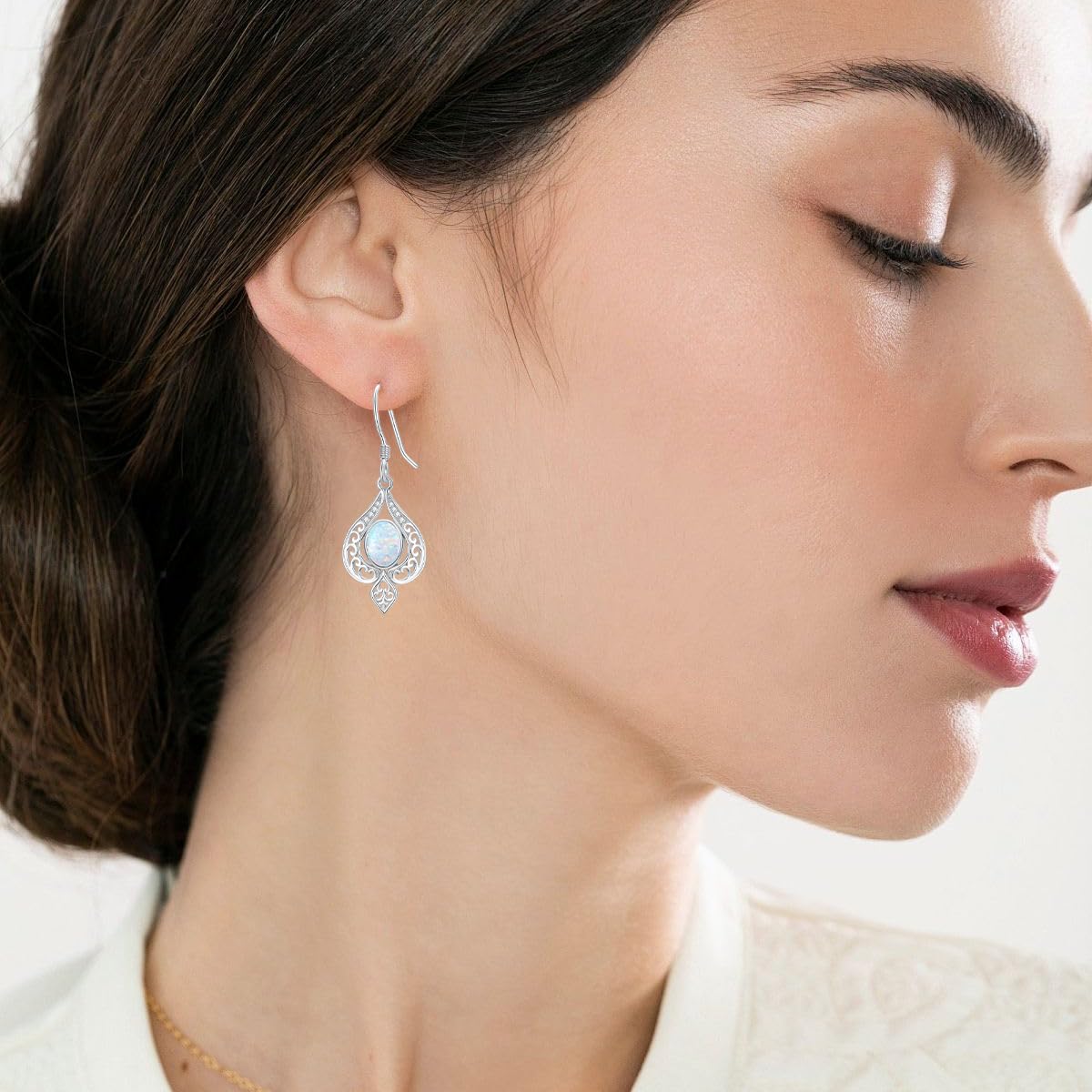 925 Sterling Silver White Opal Dangle Earrings for Women Vintage Opal Hook Earrings with Genuine Diamond for Birthday Mother's Day