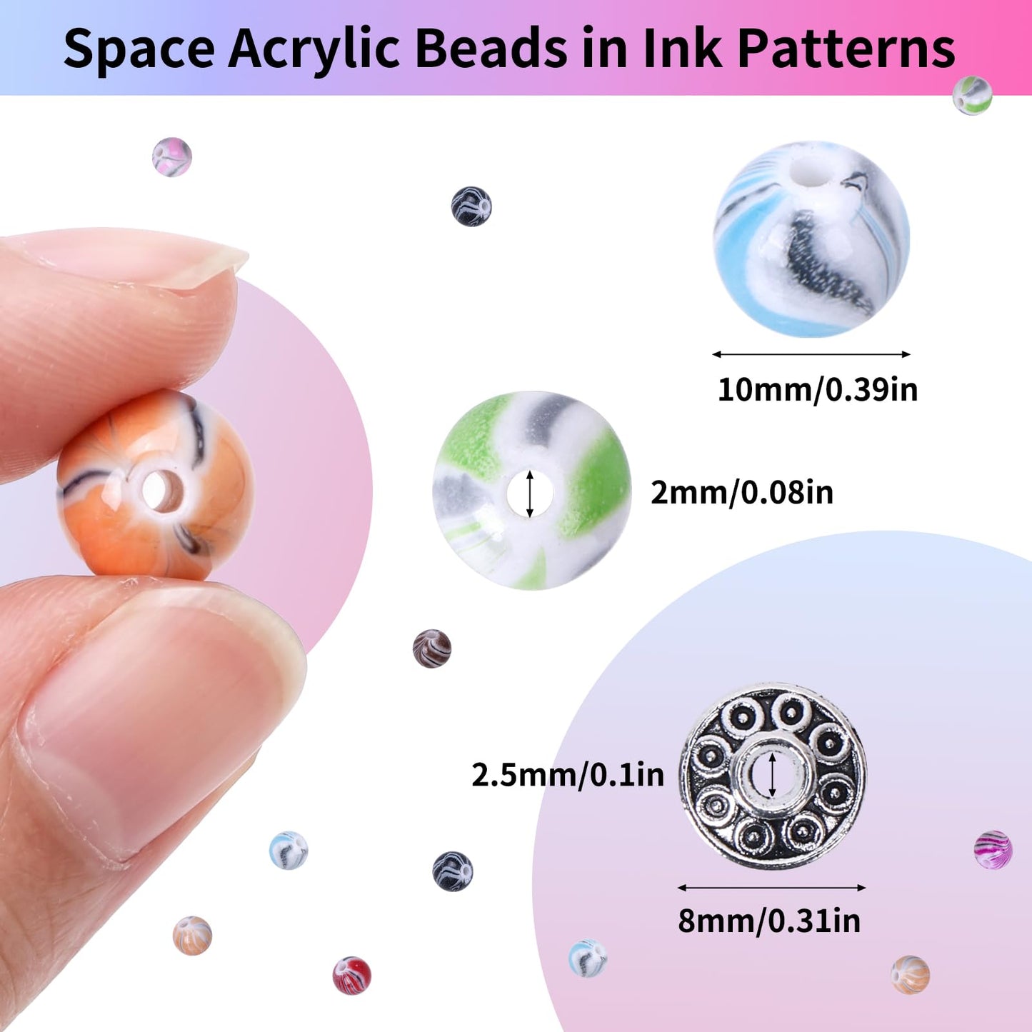 Quefe 500pcs Craft Beads in Ink Patterns for Jewelry Making Beads for Bracelets Making, Acrylic Bulk Beads with 50pcs Spacer Beads and Crystal String (10mm)