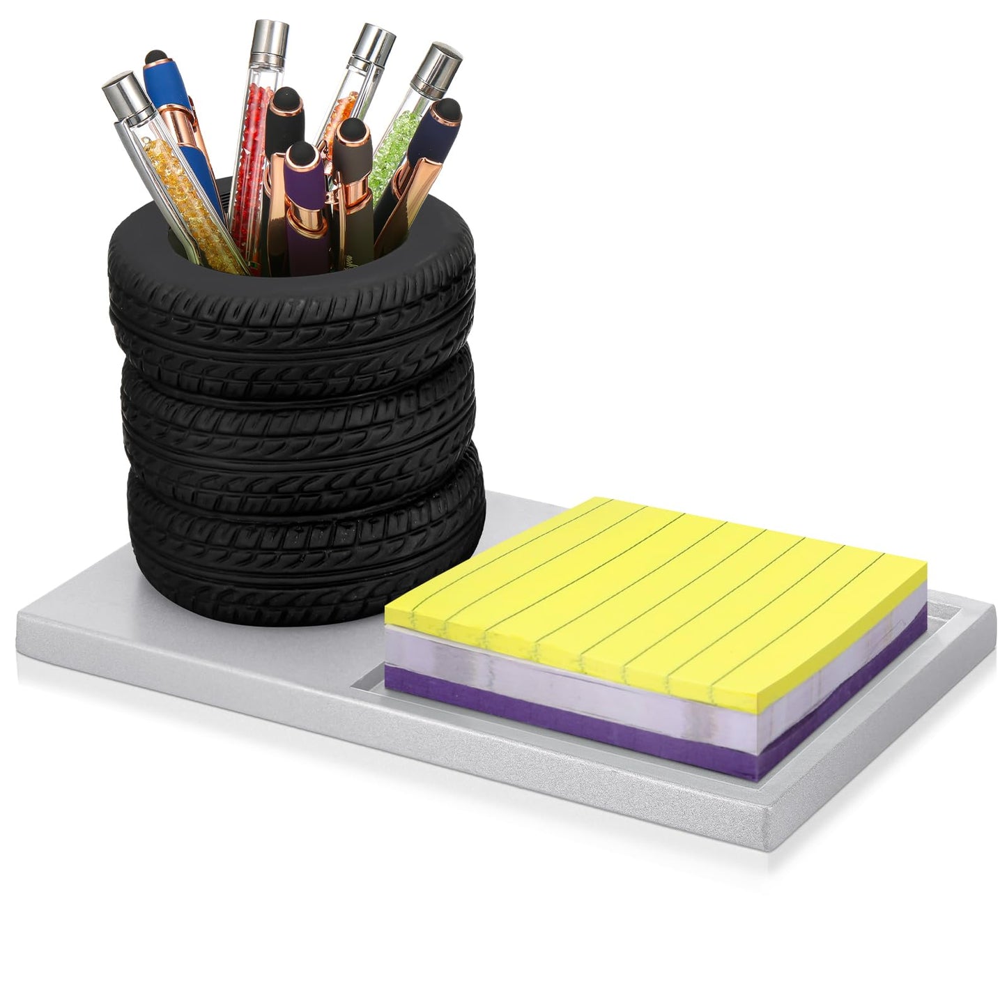 Fullhawl Tire Shaped Pen Holder with Sticky Notes Holder Set Tool Planter Pencil Storage Holder Desk Organizer Home Office Supplies Gift for Mechanics Car Lovers