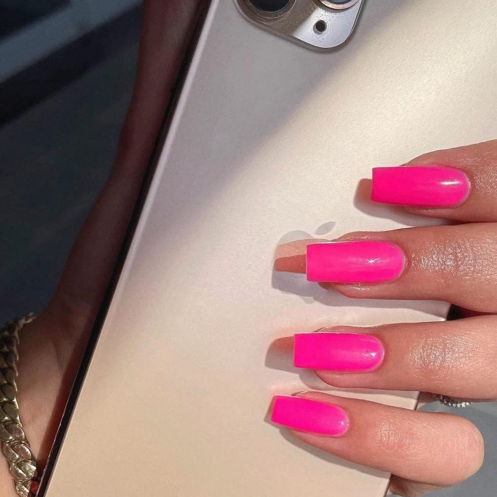 Hot Pink Press On Nails Medium Long Square, Xcreando Medium Coffin Nails Acrylic Press ons Glue on Nails Long Length, Solid Color Fake Nail for Women, Natural Thick Artificial Nail Stick on, Neon Pink