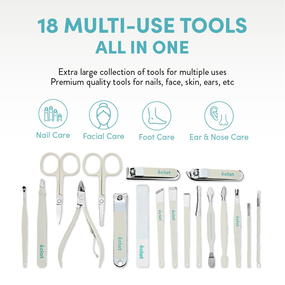 Éclat Manicure Pedicure Kit for Men & Women, 18Pcs Finger & Toe Nail Care Tools Includes Nail Clipper Cutter, Tweezer, File, Cuticle Pusher, Personal Care Professional Grooming Set With Travel Case