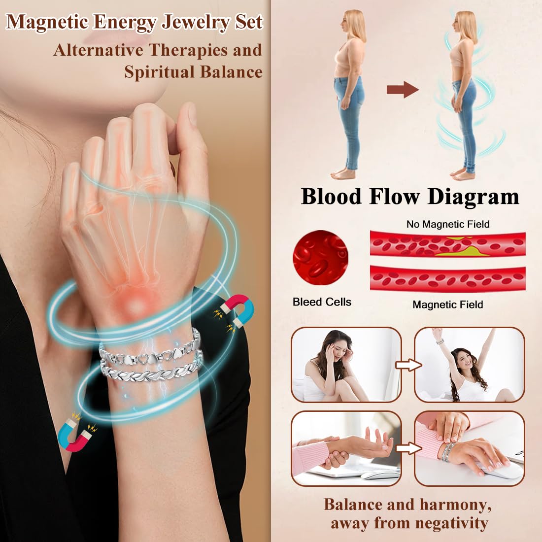 Cigmag 2PCS Magnetic Bracelets for Women Adjustable Titanium Steel Magnetic Bracelet with Strength Magnets Sizing Tool and Present Box