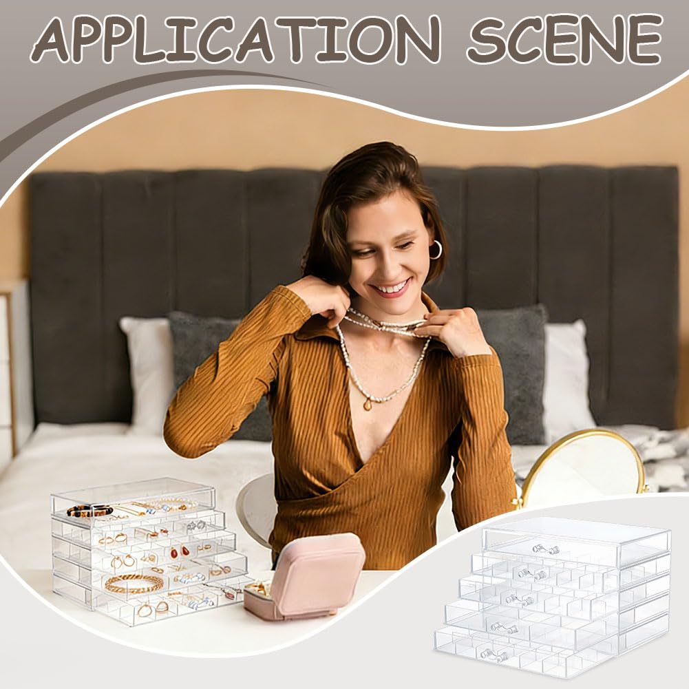 TWINKLEMON 5-Layer Plastic Compartment Storage Box Nail Charm Organizer Box with 5 Drawers 72 Small Round Jars 5 Tweezers Transparent Organizer for Crafts Art Supply Nail Tip Bead Earring Ring