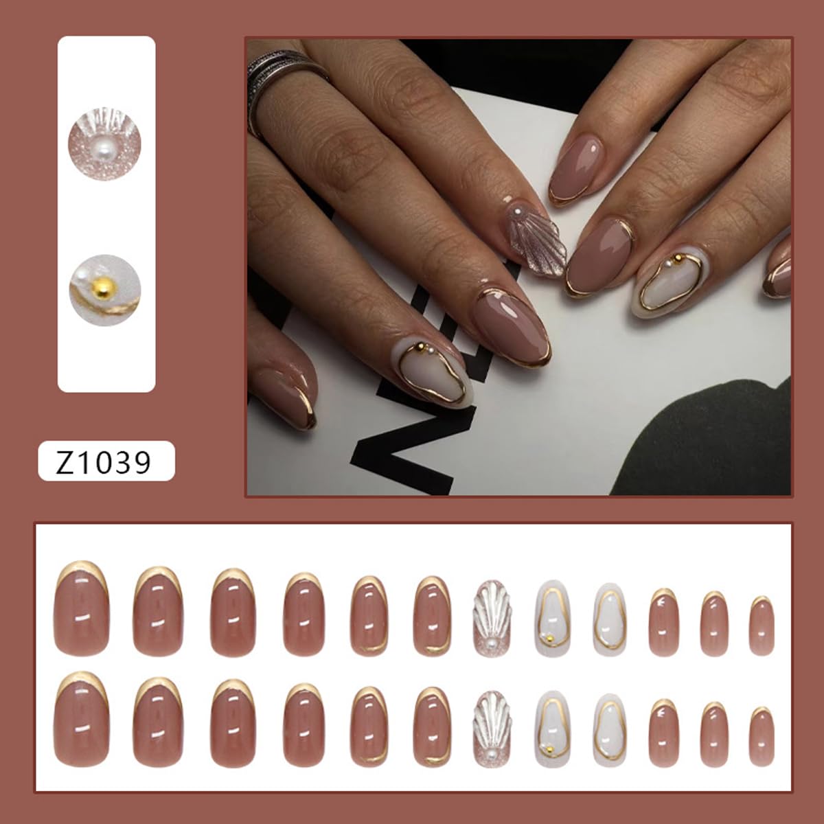 Summer SeaShell Press on Nails Medium Oval Fake Nails Pink White Nails Press ons with Gold Chrome Design Full Cover Stick on Nails for Women Beach Manicure,Reusalbe | Easy Apply | 24Pcs