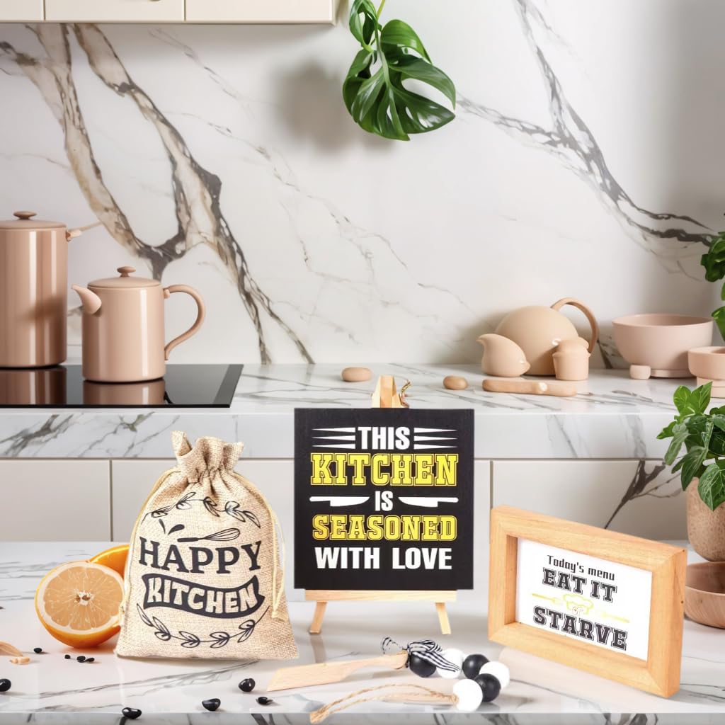 Rustic Farmhouse Kitchen Decor Set - 5-Piece Wooden Signs with Funny & Inspirational Quotes, Free-Standing Shelf & Tabletop Decor for Counter, Dining Room, Cafe - Housewarming Gift for Chef, Home