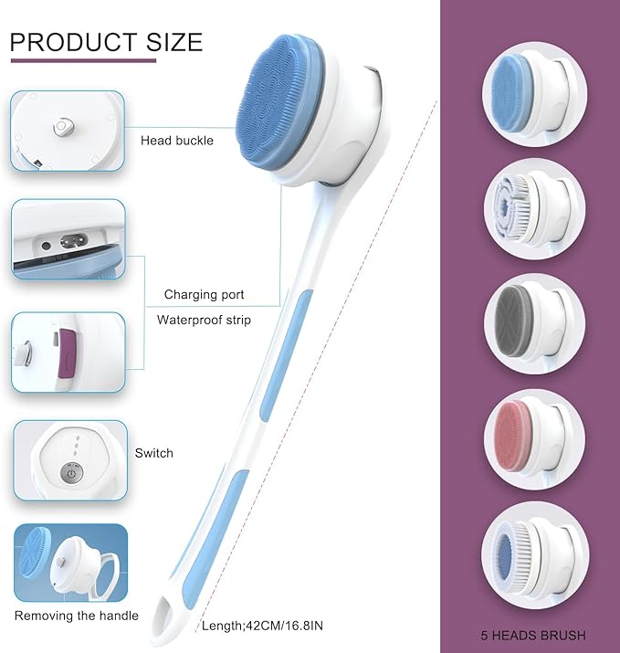 Electric Body Brush,5 Attachments Brush Heads Electric SPA Brush Spin Scrubber for Shower Bathing Cleansing Wash Deep Cleaning with Silicone Rechargeable IPX7 Waterproof