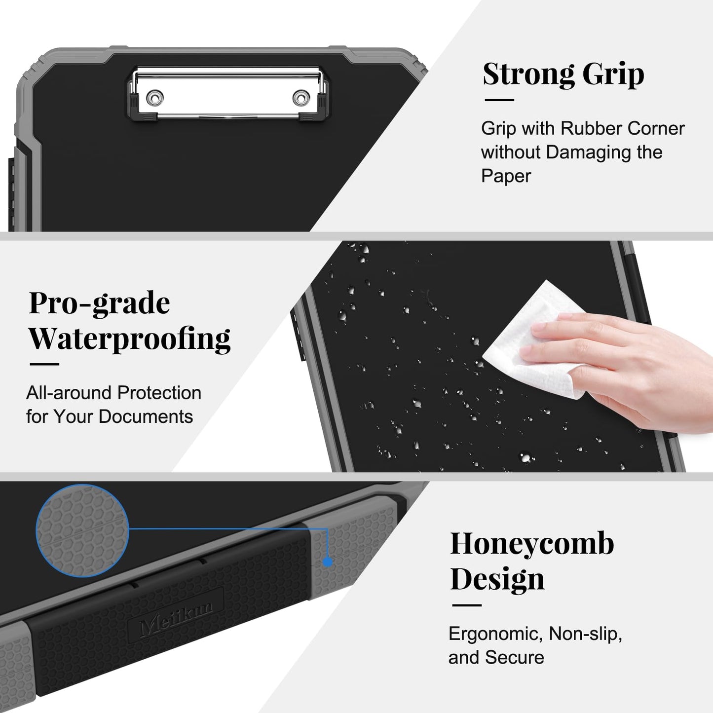Meiikun Clipboard with Storage, Rugged Shockproof Protective, Internal Pen Pouch & Metal Clip, Heavy Duty Plastic Clip Boards 8.5x11, High Capacity Contractor Folder for School Office (Black)