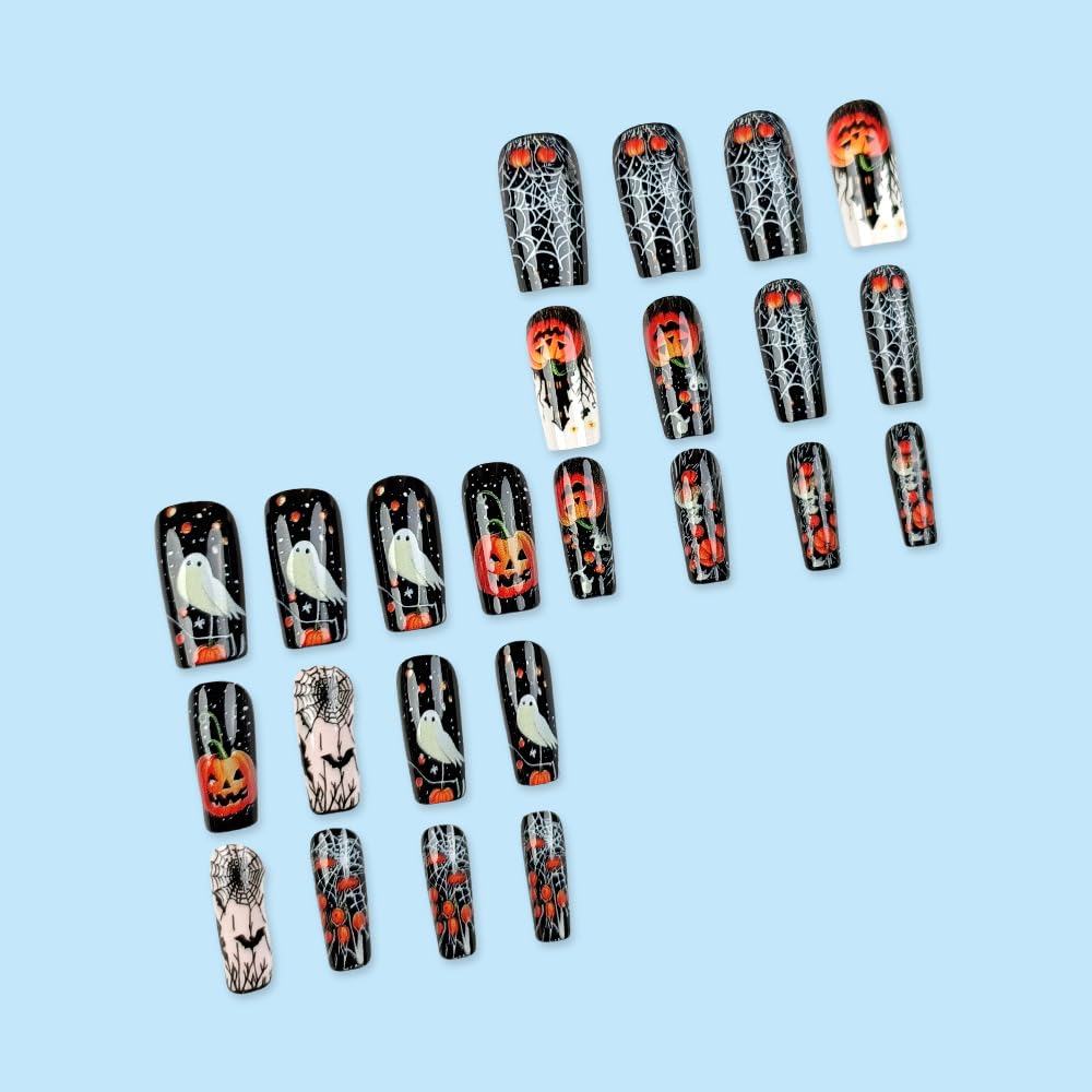 Halloween Press on Nails Medium Square Fake Nail Cobweb Pumpkin False Nails with Castle & Bat Designs Full Cover Glossy Stick on Nail Ghost Glue on Nails for Women 24Pcs