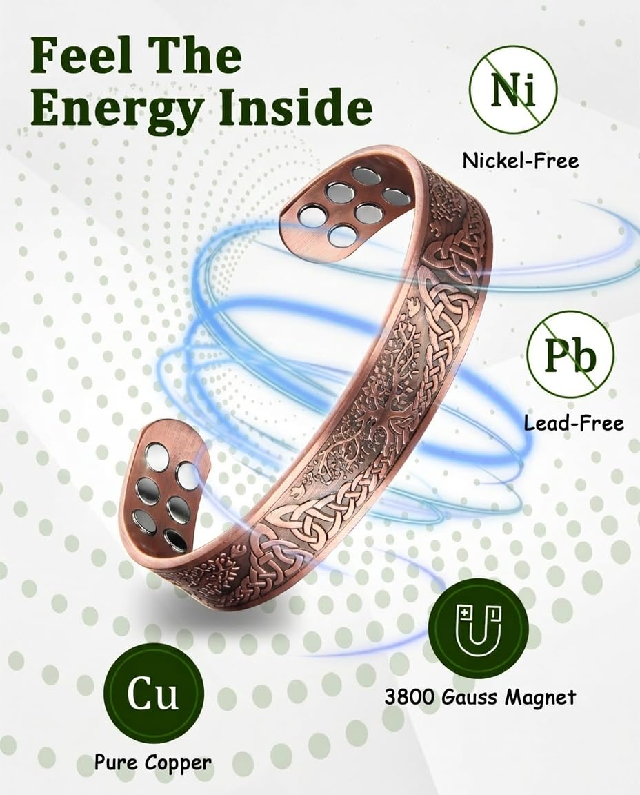 MagEnergy Copper Bracelet for Men, 18X Strength Magnetic Bracelet with 3800 Gauss Magnets, 99.99% Pure Solid Copper, Men's Jewelry Gift