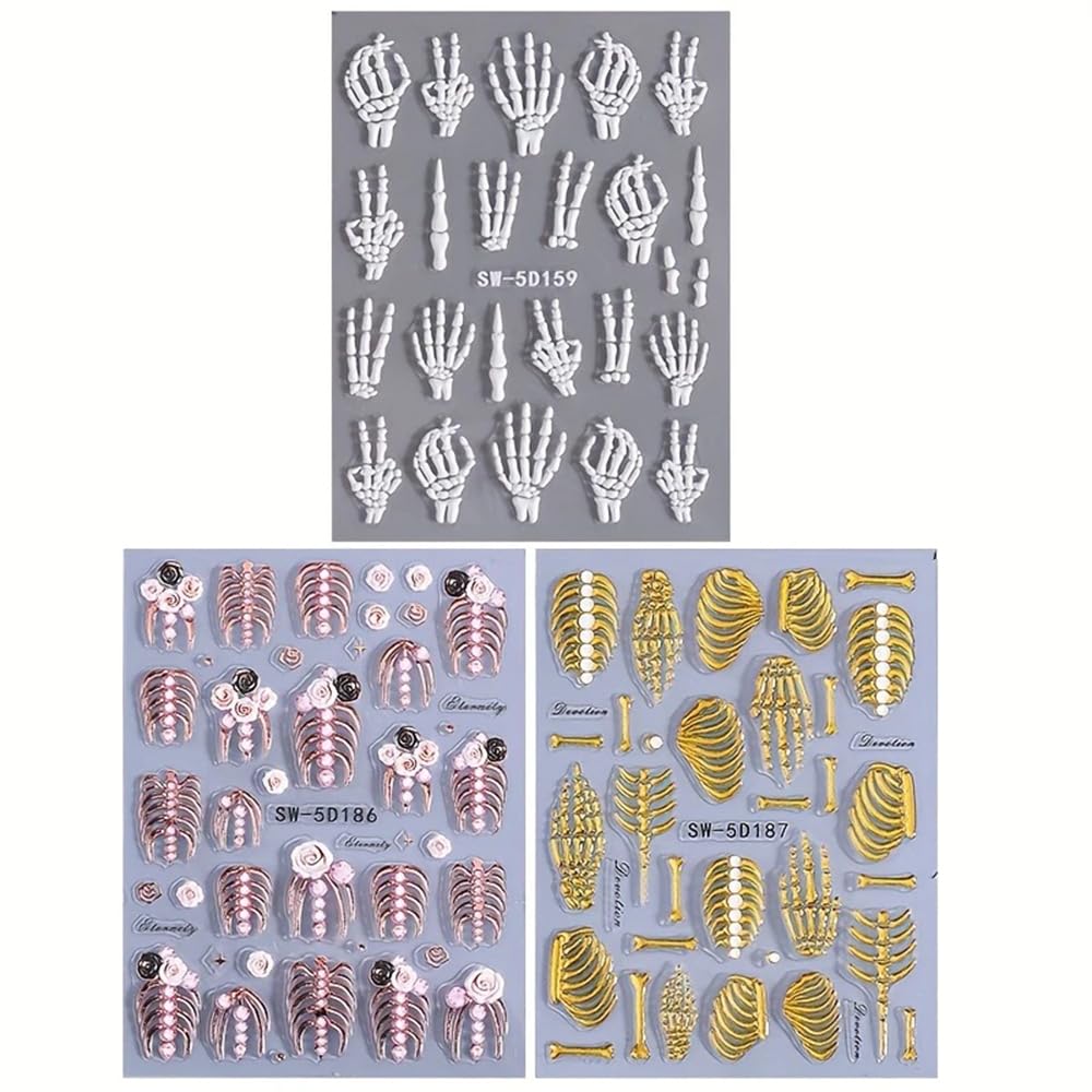 3Pcs Skull & Ribcage 5D Nail Stickers - Y2K Gothic Horror Design, Self-Adhesive Foil Decals Halloween Nail Art, Single-Use Plastic Embossed Animal Print, Golden, White, Rose Gold Skull Nails Decals