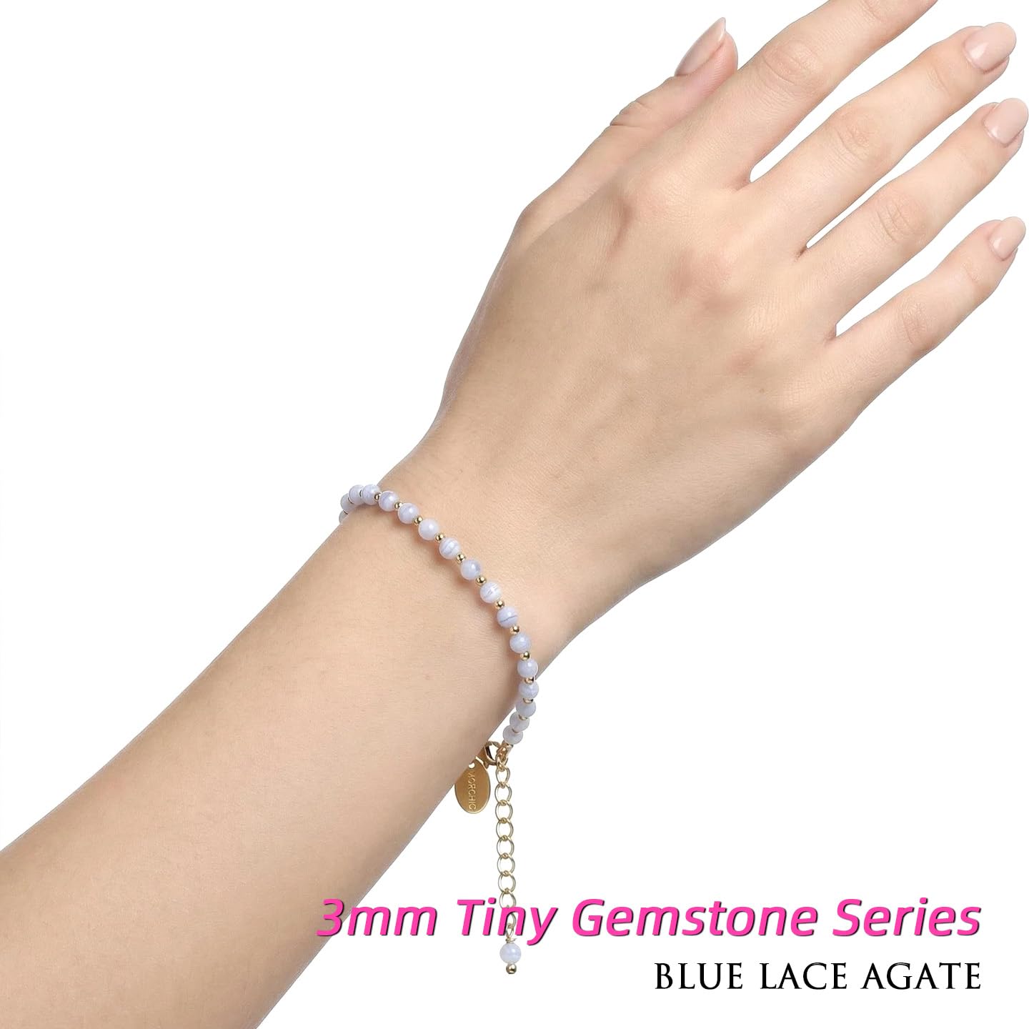 Morchic 3mm Blue Lace Agate Natural Gemstone Beaded Bracelet for Women, Dainty Tiny Charm Jewelry, Adjustable 7.1-8.6", Ideal Birthday Holiday Gift