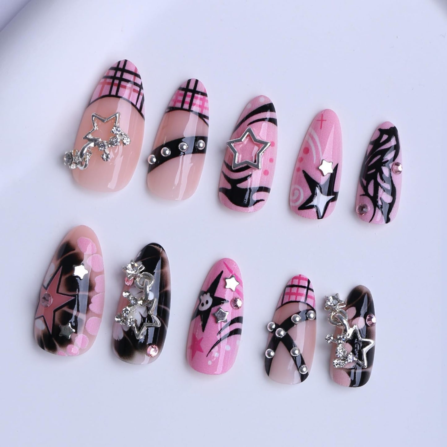 OCTOSWAVE Long Almond Press On Nails, Pink & Black Y2K Fake Nails with 3D Silver Star Charms, Glossy Stick-On Nail Set (24 Pcs) with Jelly Adhesive Tabs, Prep Pad, File & Cuticle Stick