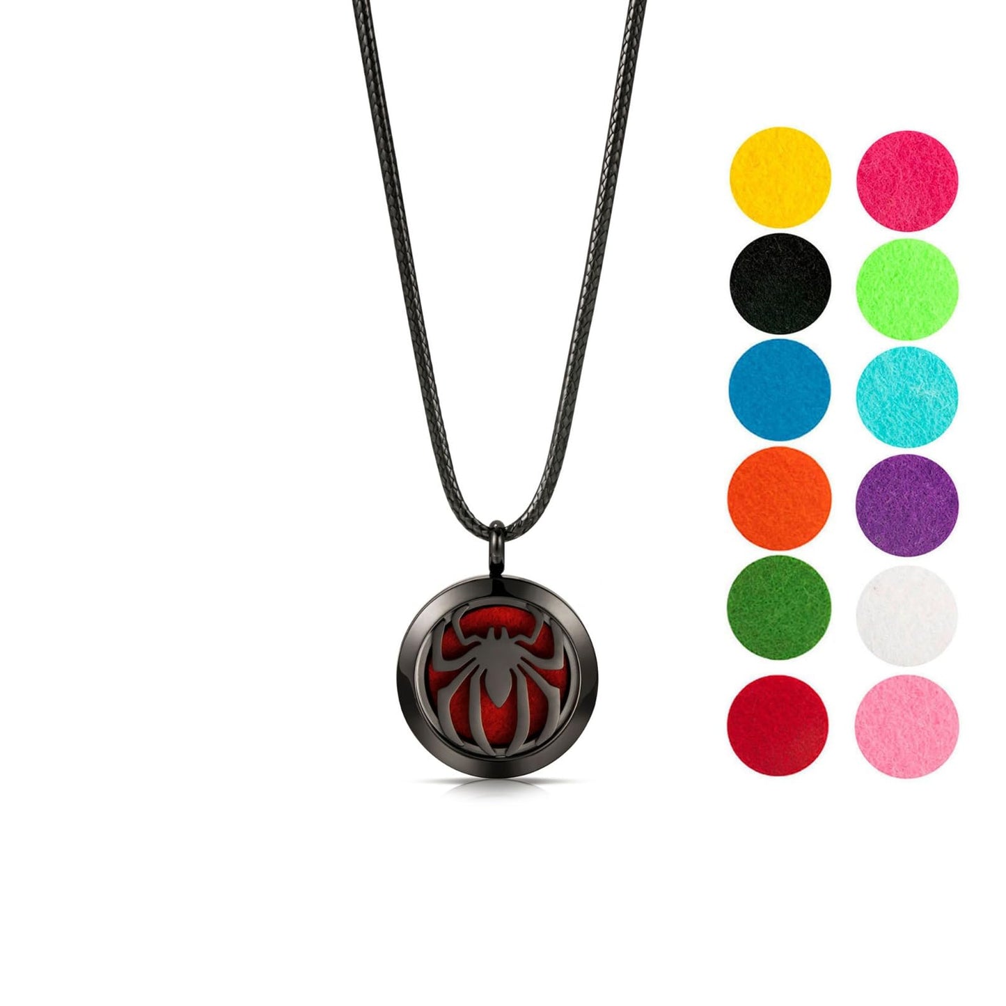 Wild Essentials Black Chrome Spider Essential Oil Diffuser Necklace, Stainless Steel Aromatherapy Locket, Black Nylon Rope, with 12 Color Pads, Customizable Color Changing Perfume Jewelry