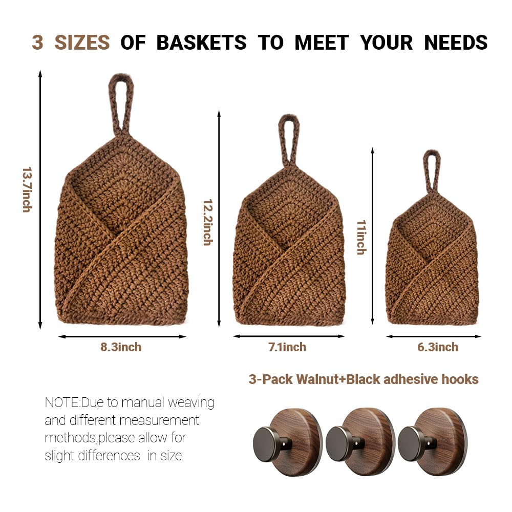Boho Hanging Wall Baskets for Kitchen – 3 Pack Handwoven Jute Teardrop Storage Baskets with Adhesive Hooks for Fruit Onion Potato Vegetable, Farmhouse Wall Decor (Linen/Triangle/Jute, 3 Sizes)