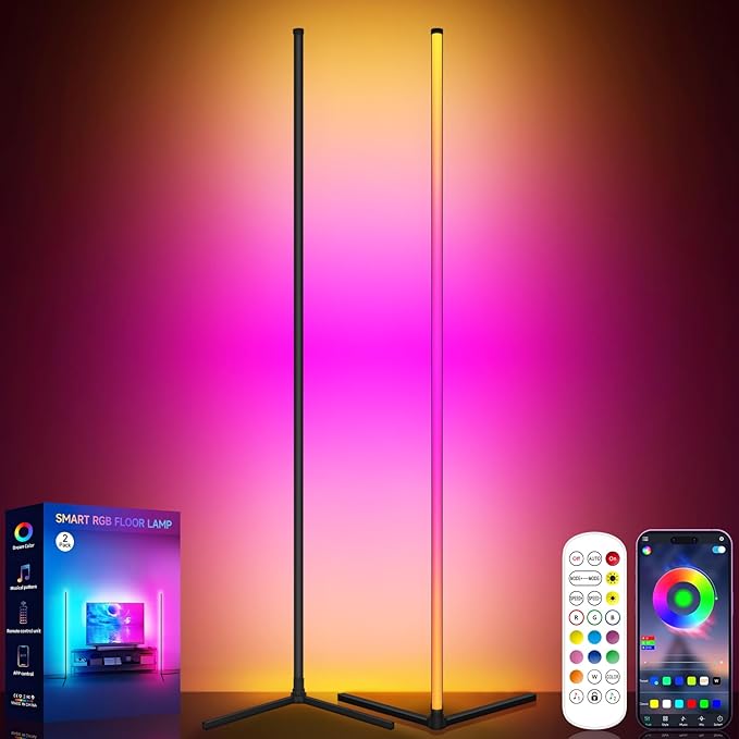 Tyute Corner Floor Lamp 2 Pack, LED Lamps with Remote, RGB Standing Lamp, LED Light Stick, Music Sync Dimmable Color Changing Ambient Light Bar for Bedroom, Living Room, Gaming Room, Party, Dorm