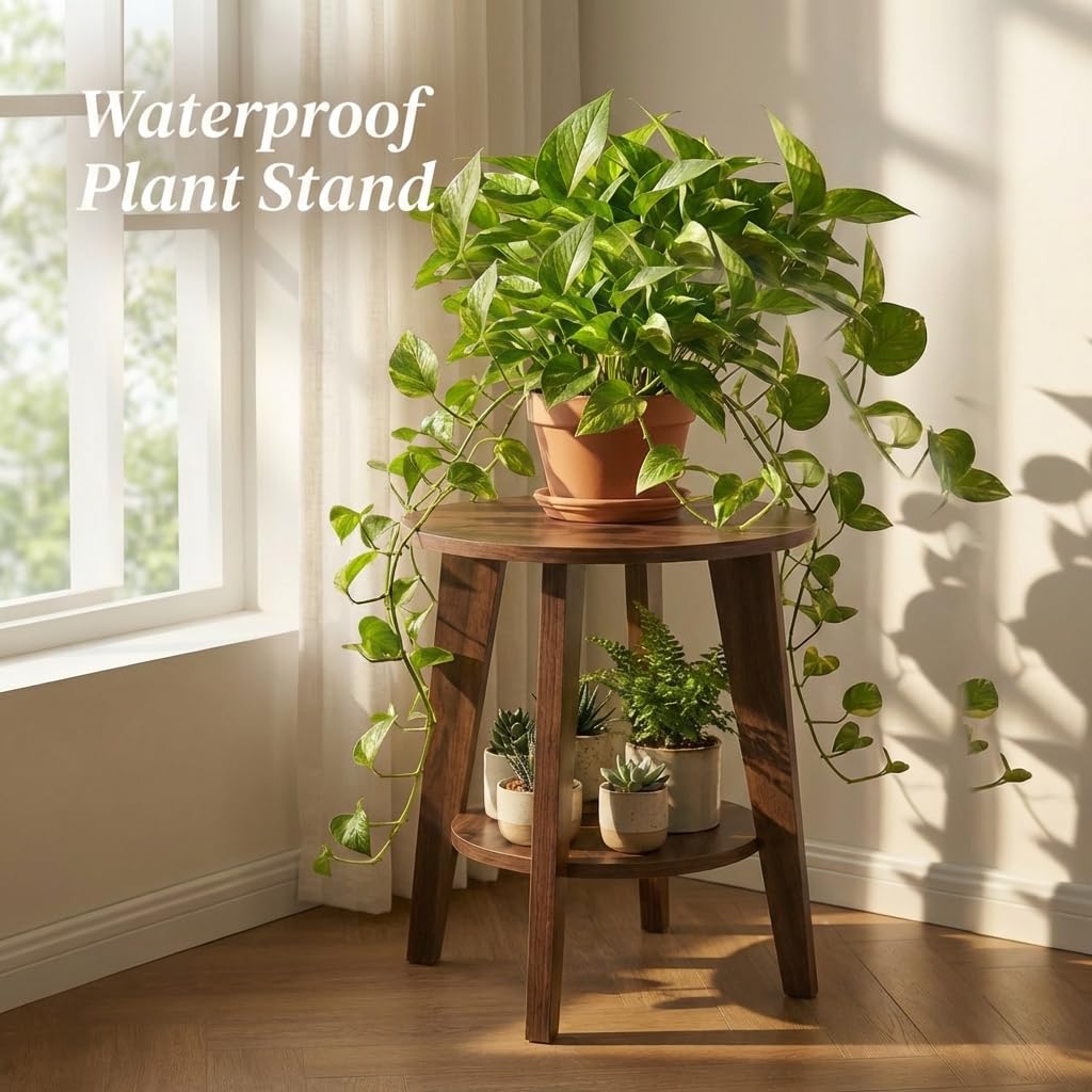 DURISEN Small Round Side Table - 17.7" Cute End Table with 2-Tier Storage - Waterproof Low Nightstand for Kids Room, Nursery, Small Spaces, Plant Stand & Bean Bag (Walnut)