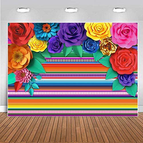Mexican Theme Party Striped Backdrop Fiesta Cinco De Mayo Paper Flowers Background Party Decoration for Cake Table Decor Photo Booth 10X8FT 071 - size: 10′x8′