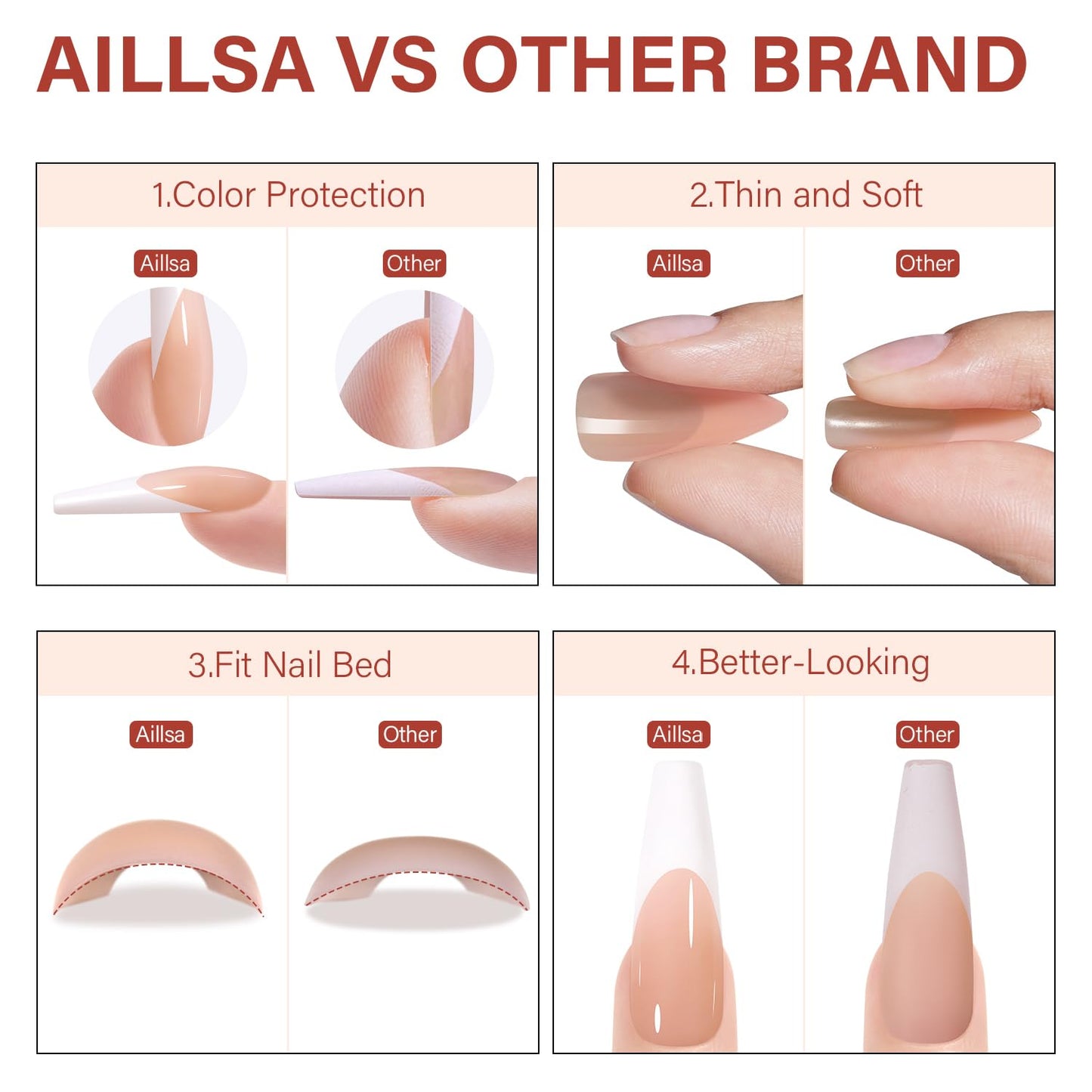 AILLSA French Gel Nail Tips, 180 Pcs French Tip Press On Nails Long Coffin Brown, Pre-Applied Primer & Base Coat, No Need File, Soft Nail Tips, Fake Nails for Nail Art DIY 15 Sizes
