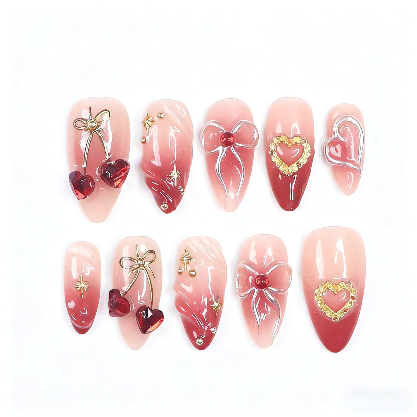 30Pcs Valentine Press on Nails Medium Almond Fake Nails Press on 3D Rhinestone Star Design Red Cherry False Nails Bow Heart Full Cover Red Smudge Acrylic Glue on Nails for Women Festive Nail Art Decor
