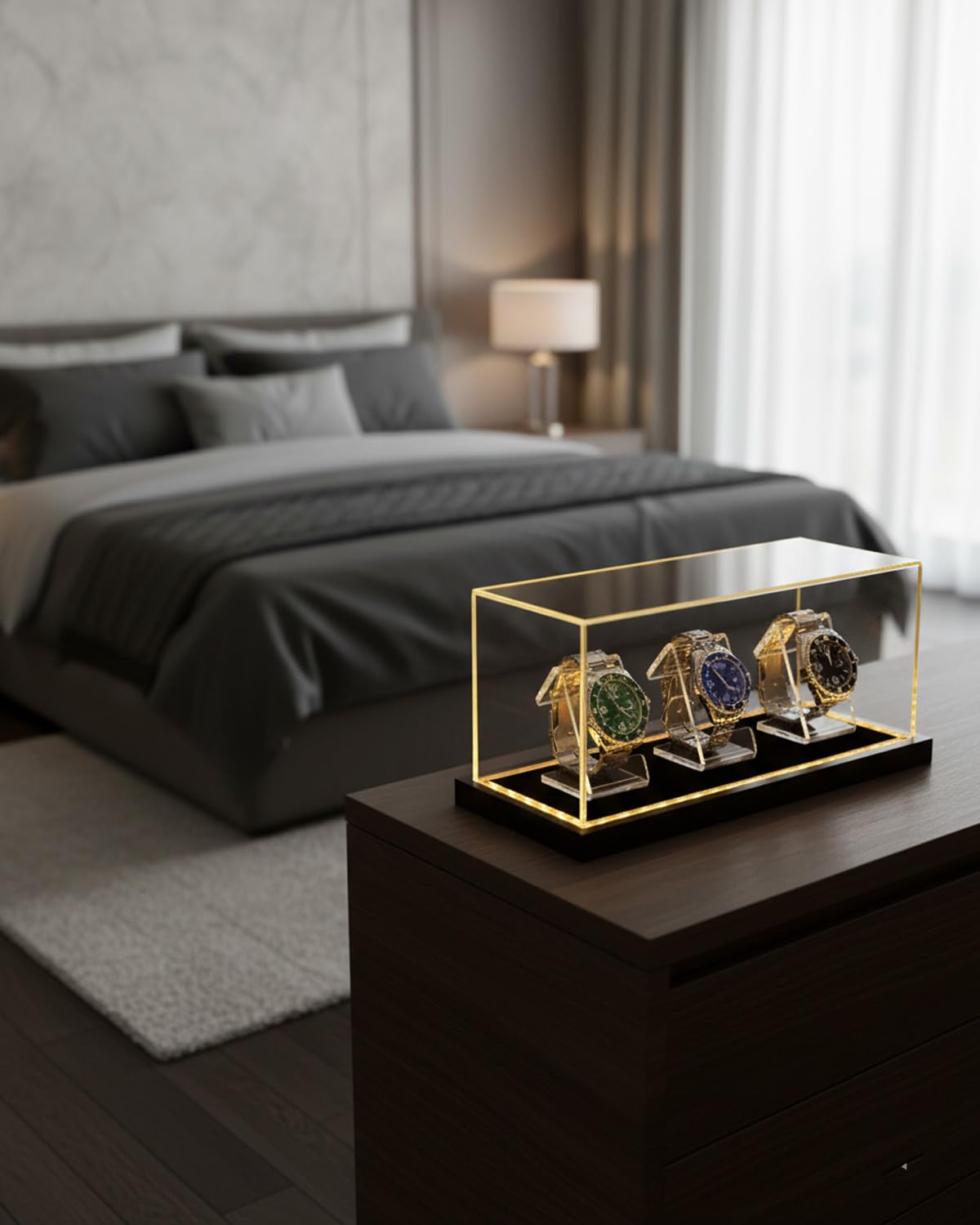 VINJKZQ Acrylic Watch Display Case for 3 Watches, Premium 3mm Thick Dustproof Collector's Box with Solid Wood LED Light Base, USB Powered Watch Holder Organizer Stand