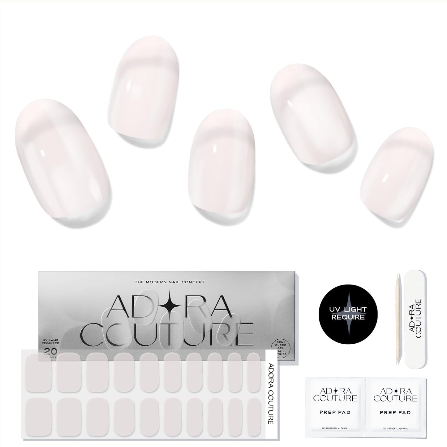 Adora Couture Semi Cured Gel Nail Strips with 20 Pieces - UV Gel Stickers, Manicure Kit, Easy Application Wraps Includes Prep Pads, Nail File, Wooden Stick - UV Light Required (Milky Purple)